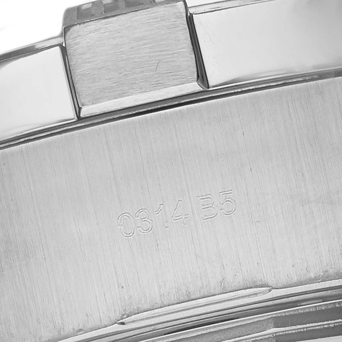 The image shows a close-up of the clasp and engraved serial number on a Breitling Avenger A17331 Men's Stainless Steel Black Dial A17331 Men's Stainless Steel Black Dial watch.