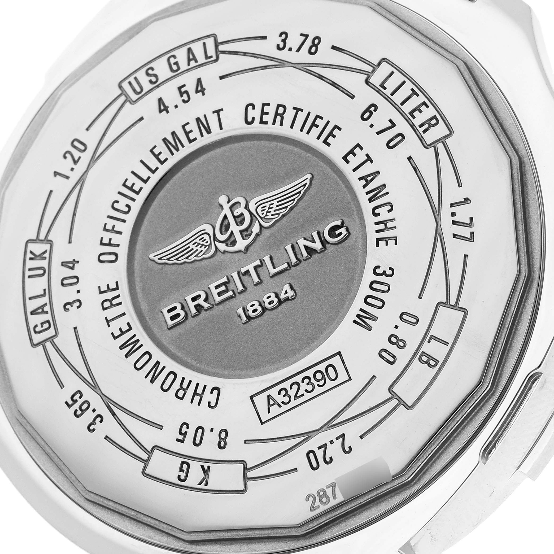 This image shows the case back of a Breitling Avenger A3239011/C930 Men's Stainless Steel Mother of Pearl Dial A3239011/C930 Men's Stainless Steel Mother of Pearl Dial model, highlighting its engravings and certification markings.