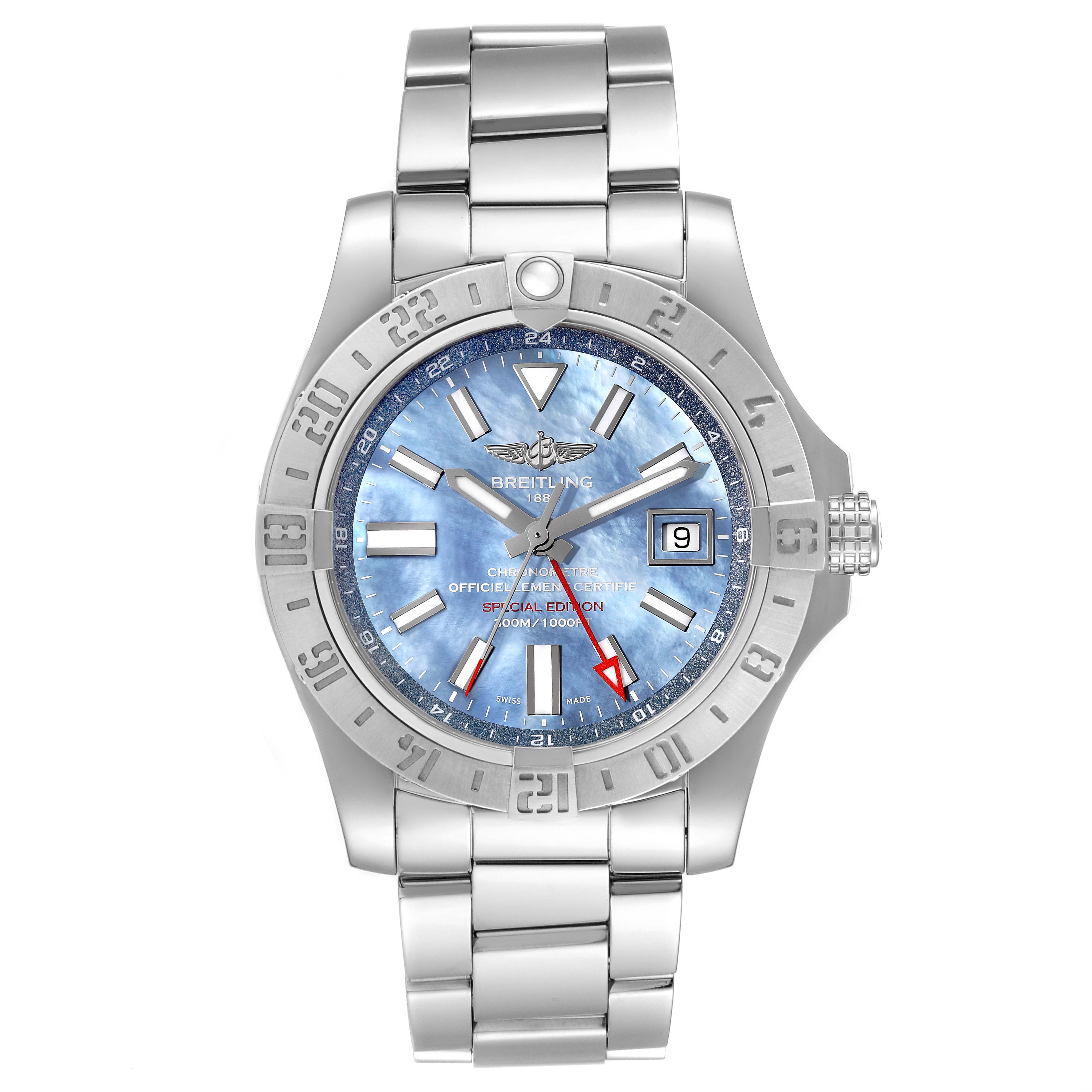 The image shows a front view of the Breitling Avenger A3239011/C930 Men's Stainless Steel Mother of Pearl Dial A3239011/C930 Men's Stainless Steel Mother of Pearl Dial watch, highlighting its blue dial, date window, and stainless steel bracelet.