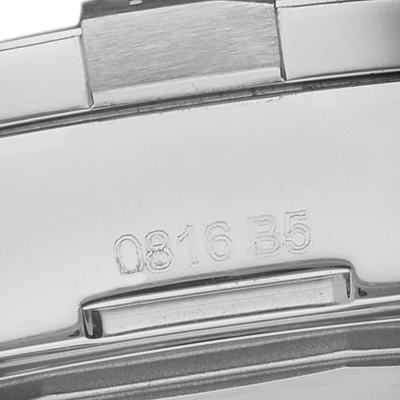 The image shows a close-up of the back clasp and part of the bracelet of a Breitling Avenger A3239011/C930 Men's Stainless Steel Mother of Pearl Dial A3239011/C930 Men's Stainless Steel Mother of Pearl Dial watch with the serial number engraved.