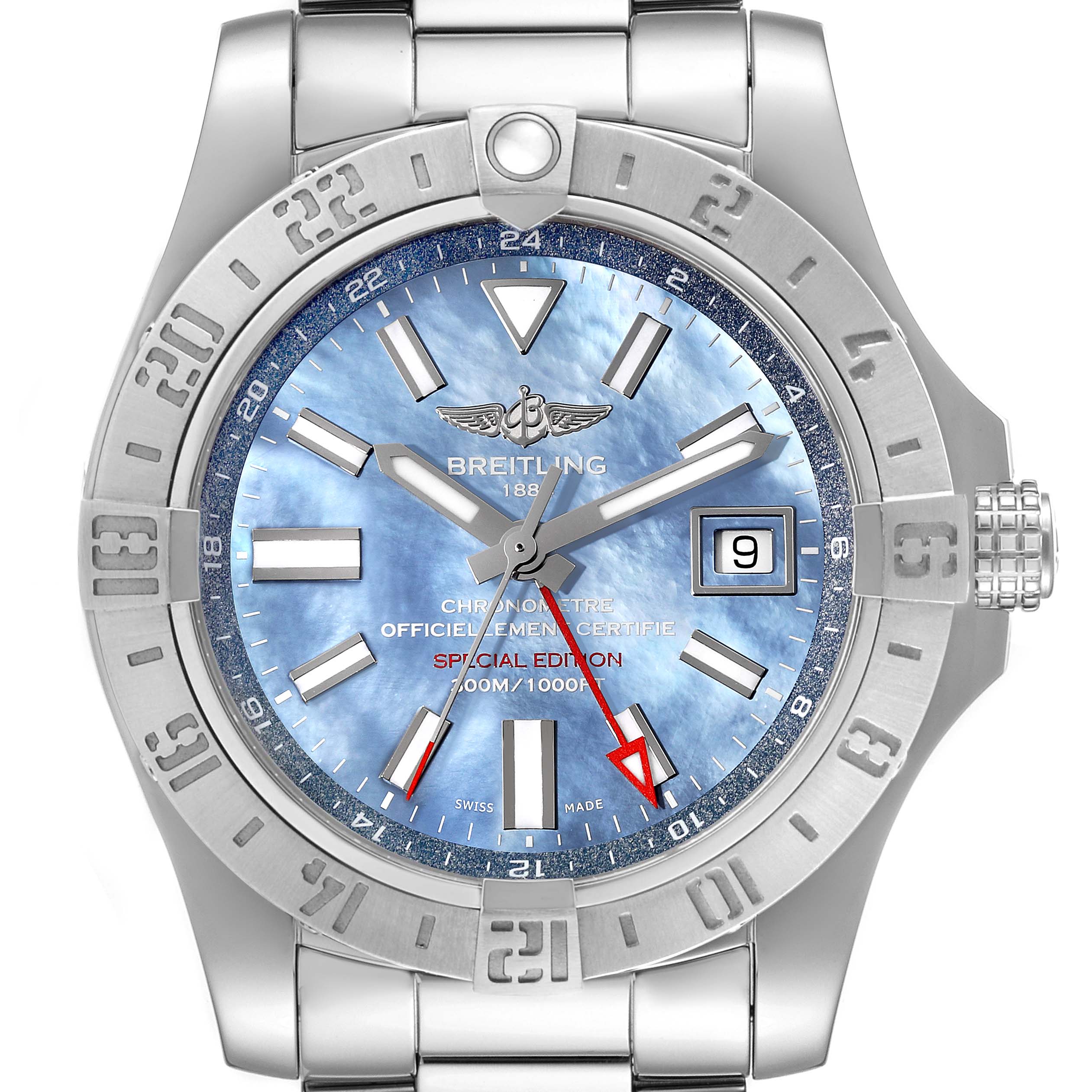 The image shows a front view of a Breitling Avenger A3239011/C930 Men's Stainless Steel Mother of Pearl Dial A3239011/C930 Men's Stainless Steel Mother of Pearl Dial watch, highlighting its bezel, dial, hands, indices, and date window.