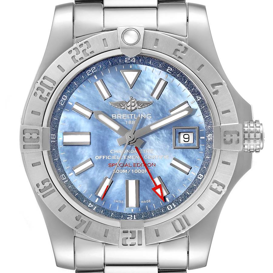Breitling Avenger II GMT Blue Mother of Pearl Dial Steel Mens Watch A32390 Box Card SwissWatchExpo