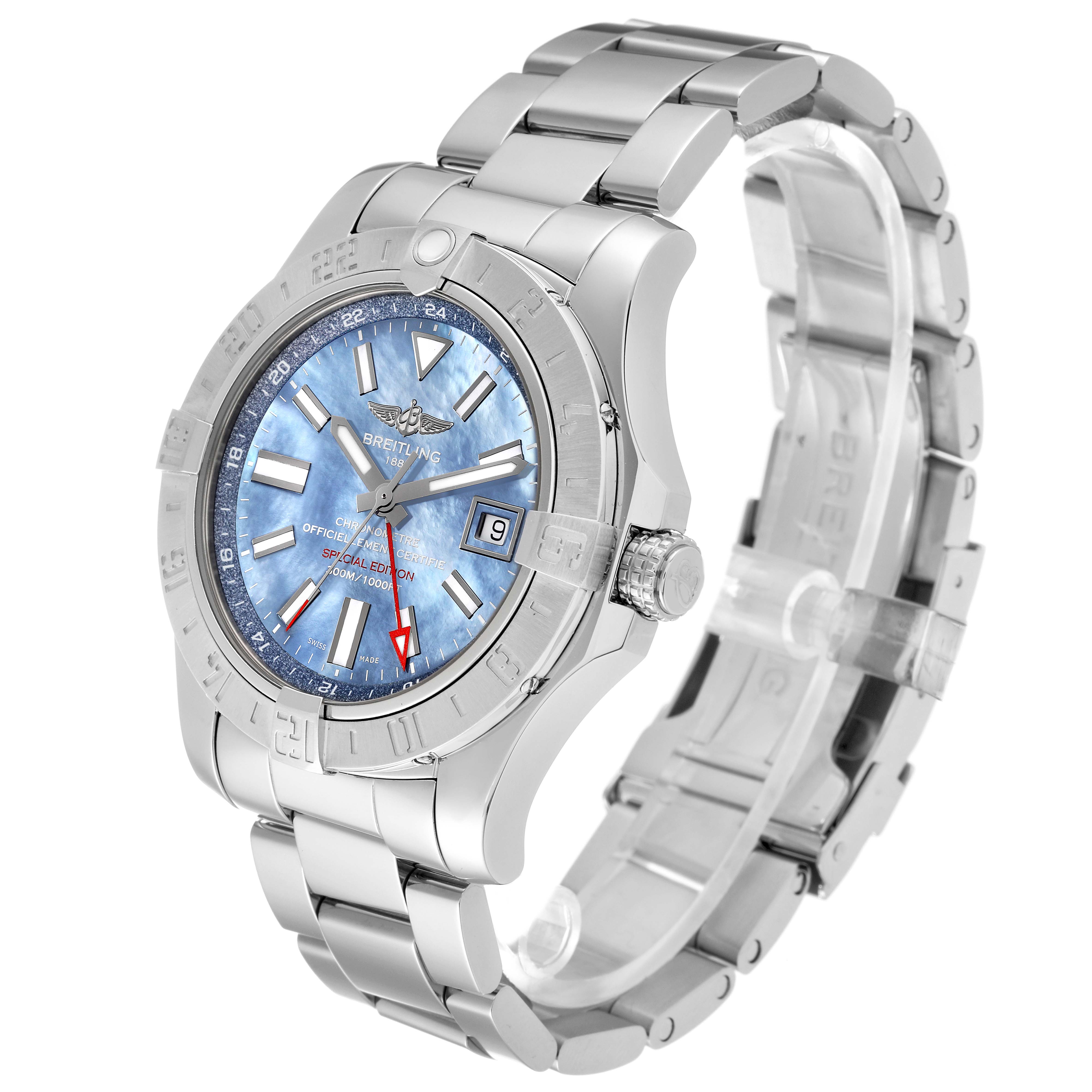 The image shows a Breitling Avenger A3239011/C930 Men's Stainless Steel Mother of Pearl Dial A3239011/C930 Men's Stainless Steel Mother of Pearl Dial watch at a three-quarter angle, highlighting the watch face, bezel, and metal bracelet.