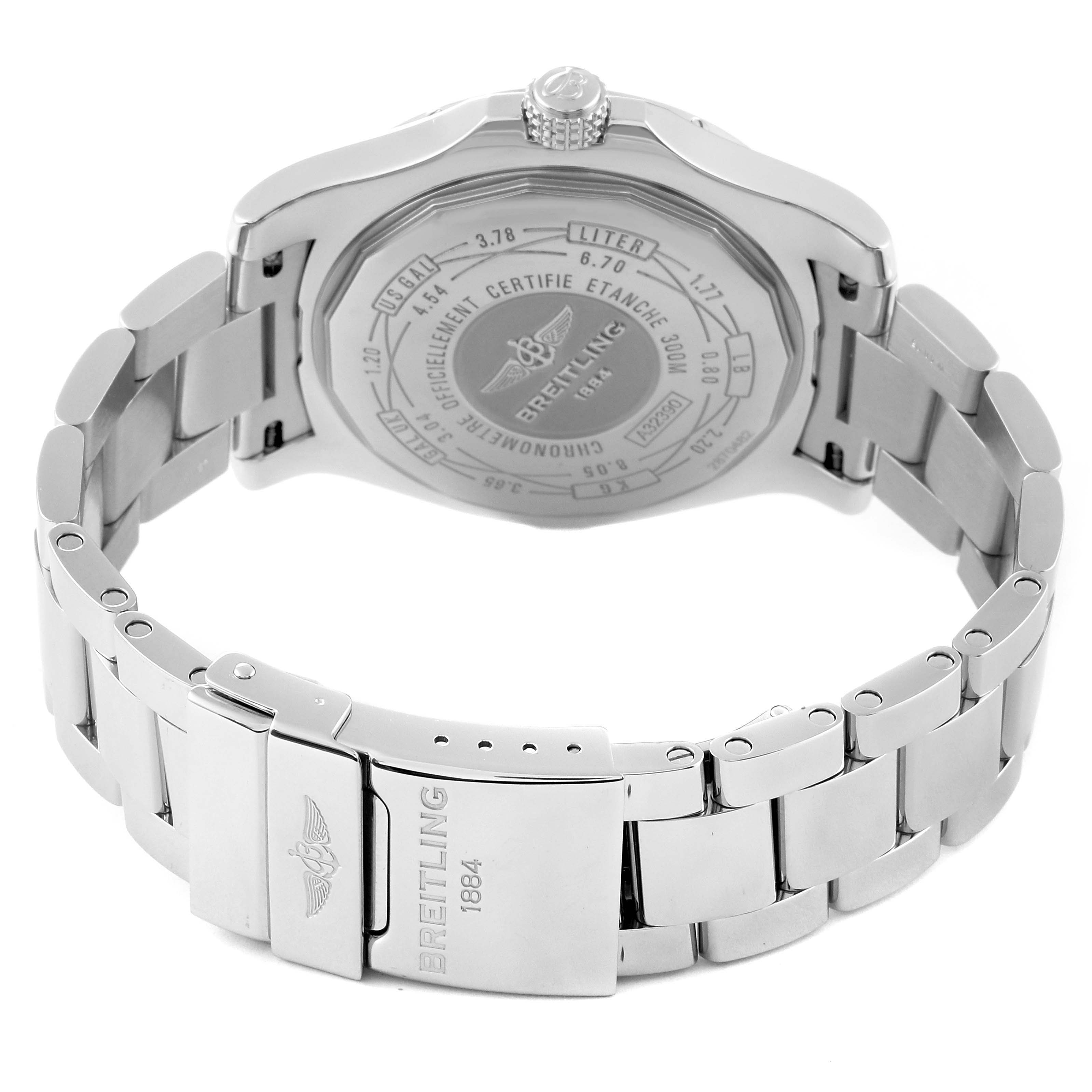 The image displays the back view and bracelet of the Breitling Avenger A3239011/C930 Men's Stainless Steel Mother of Pearl Dial A3239011/C930 Men's Stainless Steel Mother of Pearl Dial watch, showcasing the clasp and case back details.