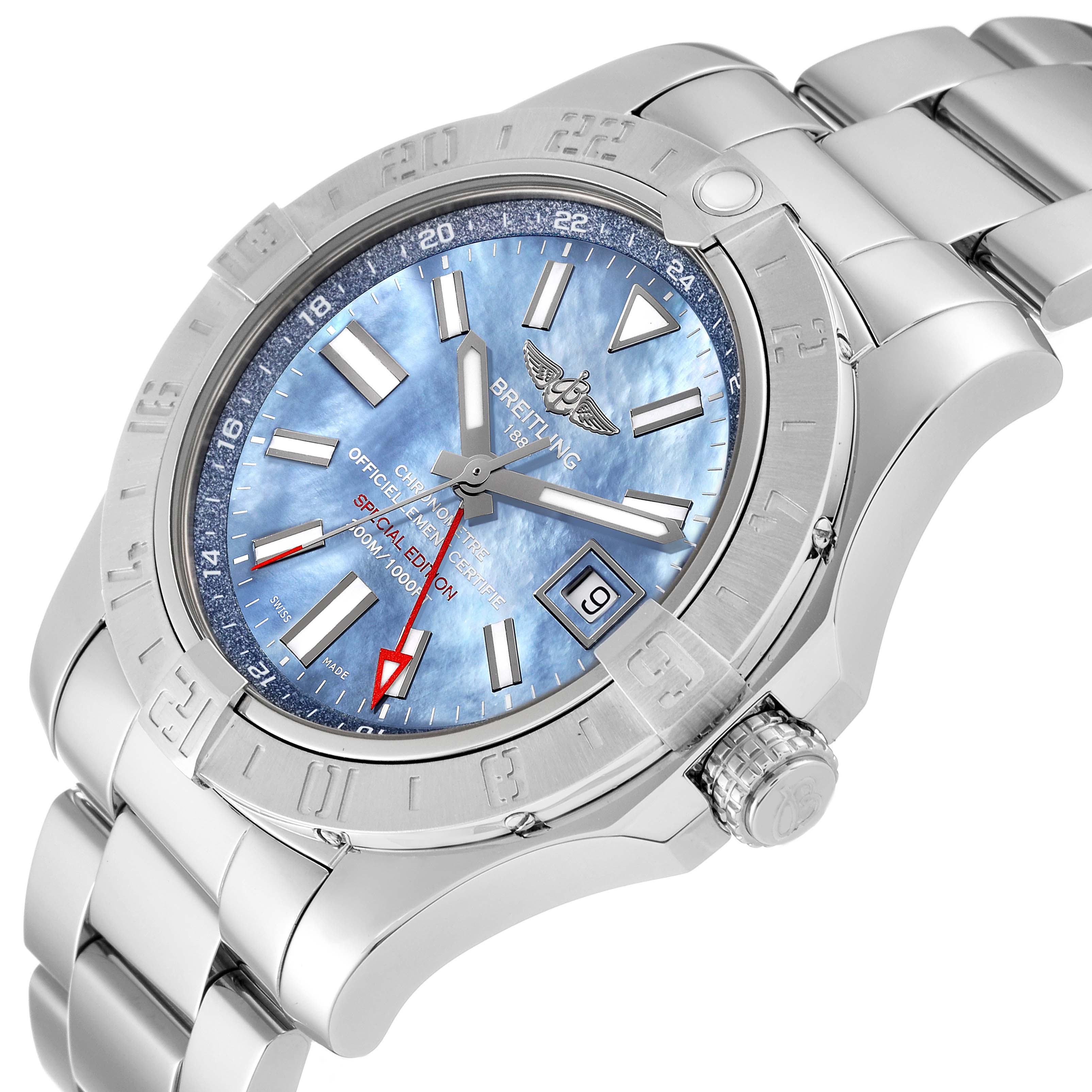 The Breitling Avenger A3239011/C930 Men's Stainless Steel Mother of Pearl Dial A3239011/C930 Men's Stainless Steel Mother of Pearl Dial watch is shown from a tilted front angle, highlighting its face, bezel, and crown.
