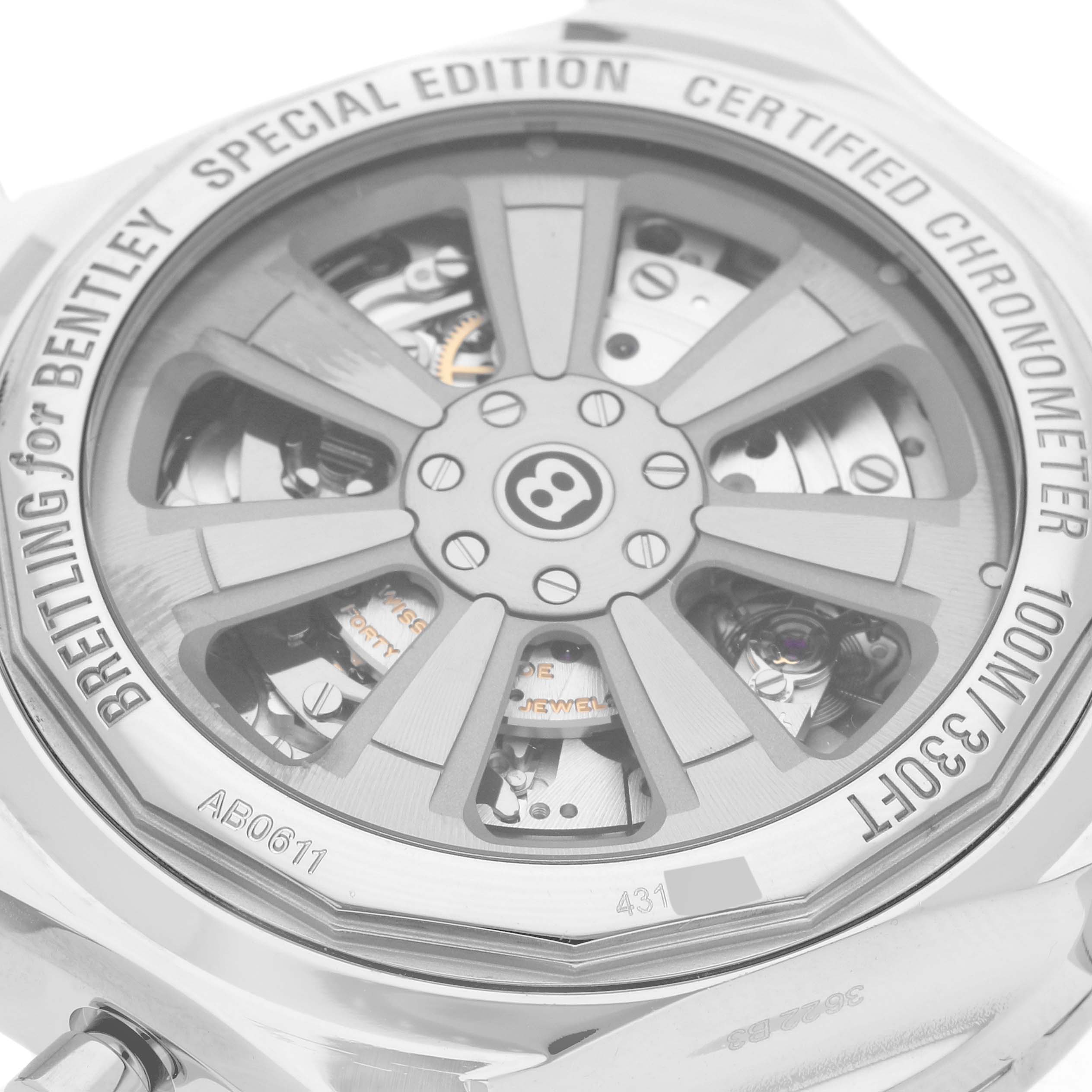 This image shows the back view of the Breitling Bentley AB061112/BD80 Men's Stainless Steel Black Dial AB061112/BD80 Men's Stainless Steel Black Dial watch, highlighting the intricate movement and branded rotor.