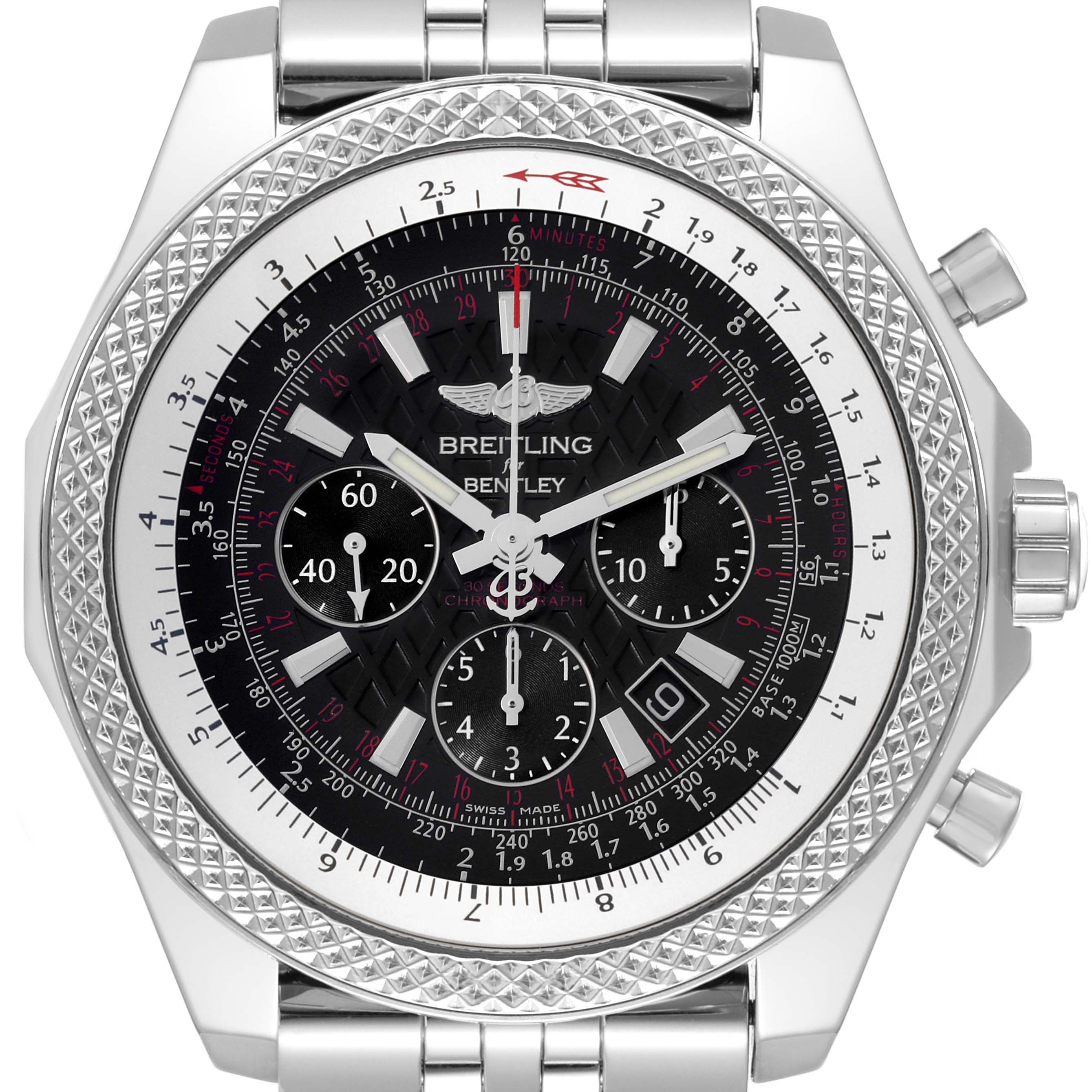 This image shows a front view of the Breitling Bentley AB061112/BD80 Men's Stainless Steel Black Dial AB061112/BD80 Men's Stainless Steel Black Dial watch, highlighting the face, bezel, and part of the bracelet.