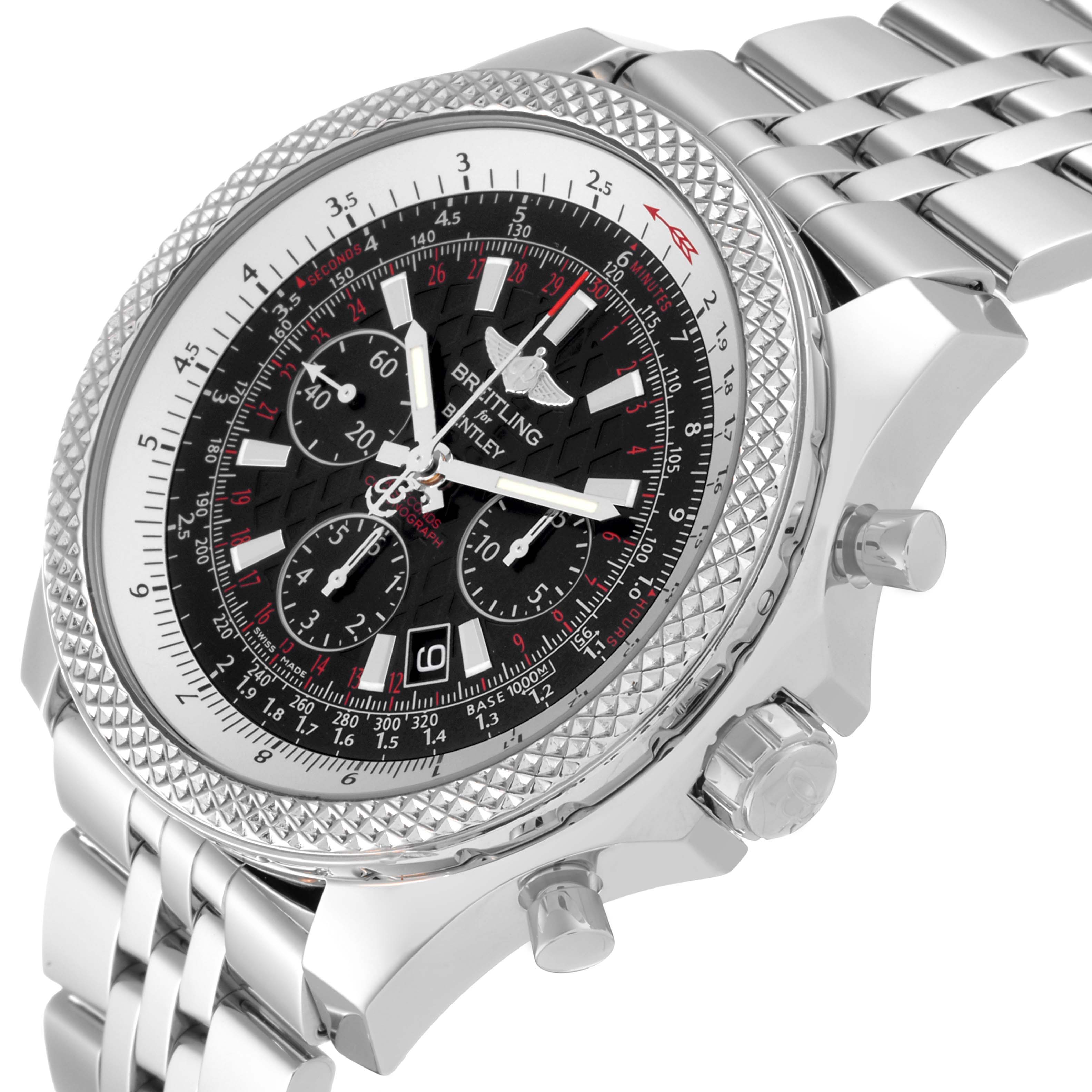 This Bentley model by Breitling is shown at a tilted angle, highlighting its dial, bezel, and metal strap.