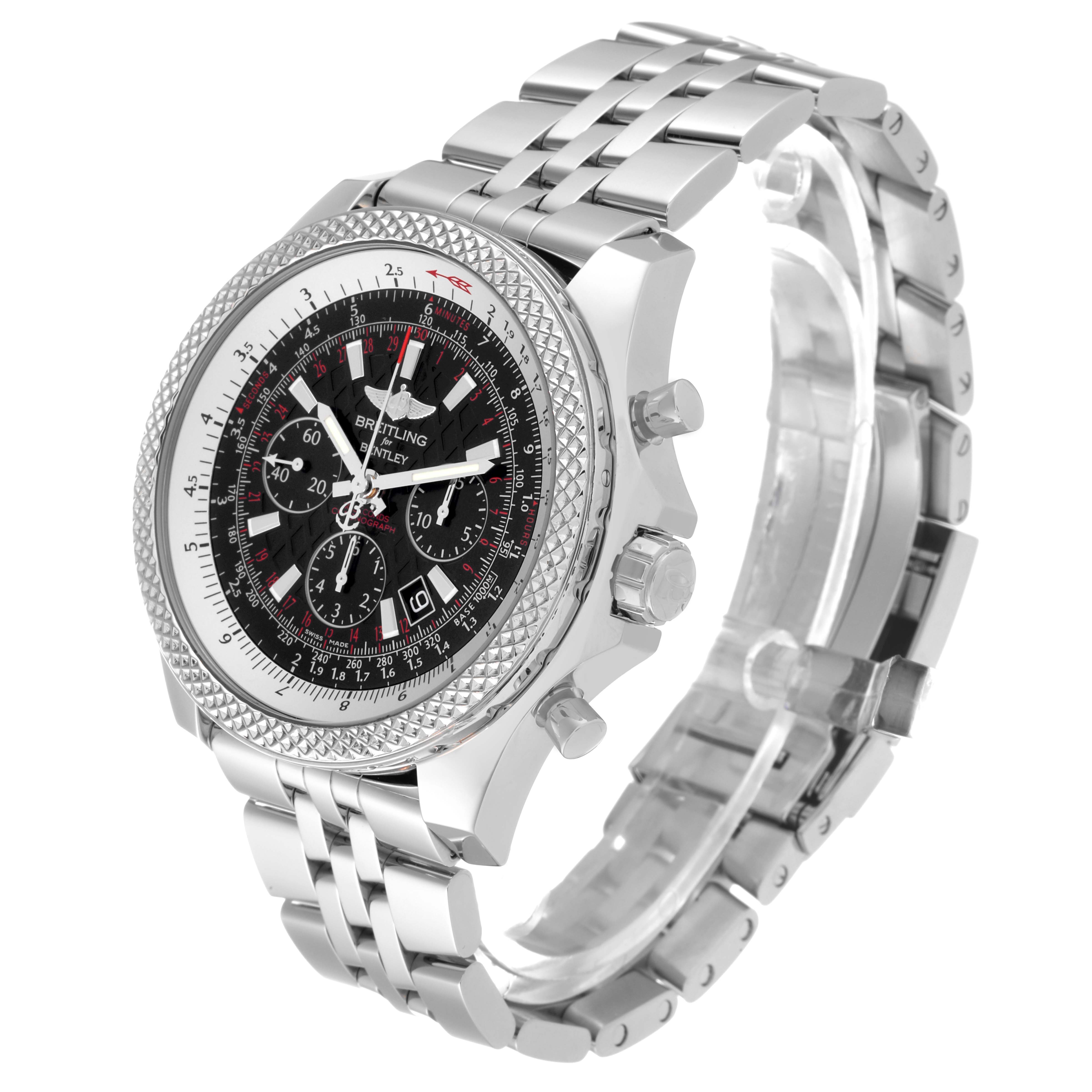 The Breitling Bentley AB061112/BD80 Men's Stainless Steel Black Dial AB061112/BD80 Men's Stainless Steel Black Dial watch is shown at a three-quarter angle, highlighting its face, bezel, and metal strap.