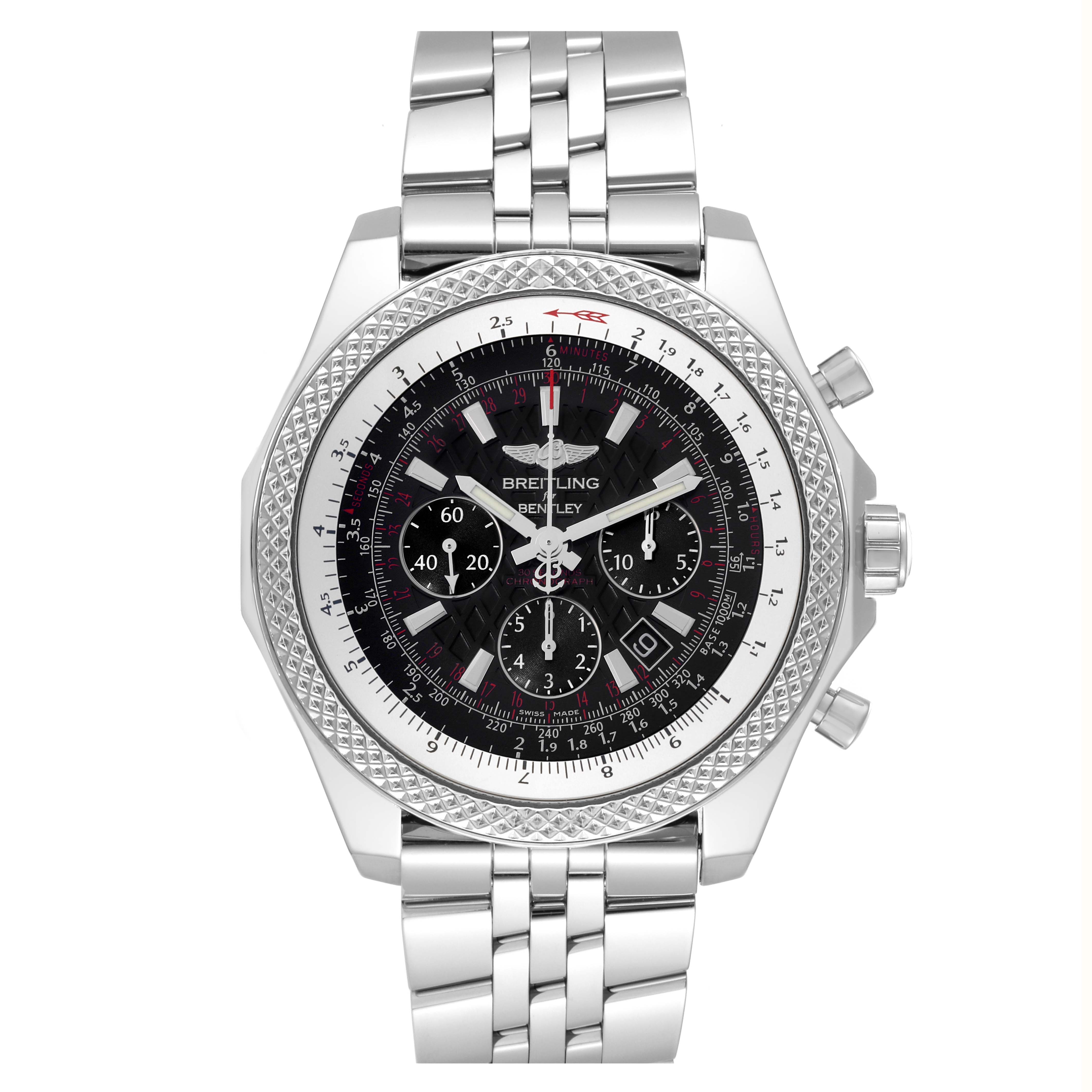 The Bentley model by Breitling is shown from a front angle, displaying its face, bezel, pushers, and bracelet.