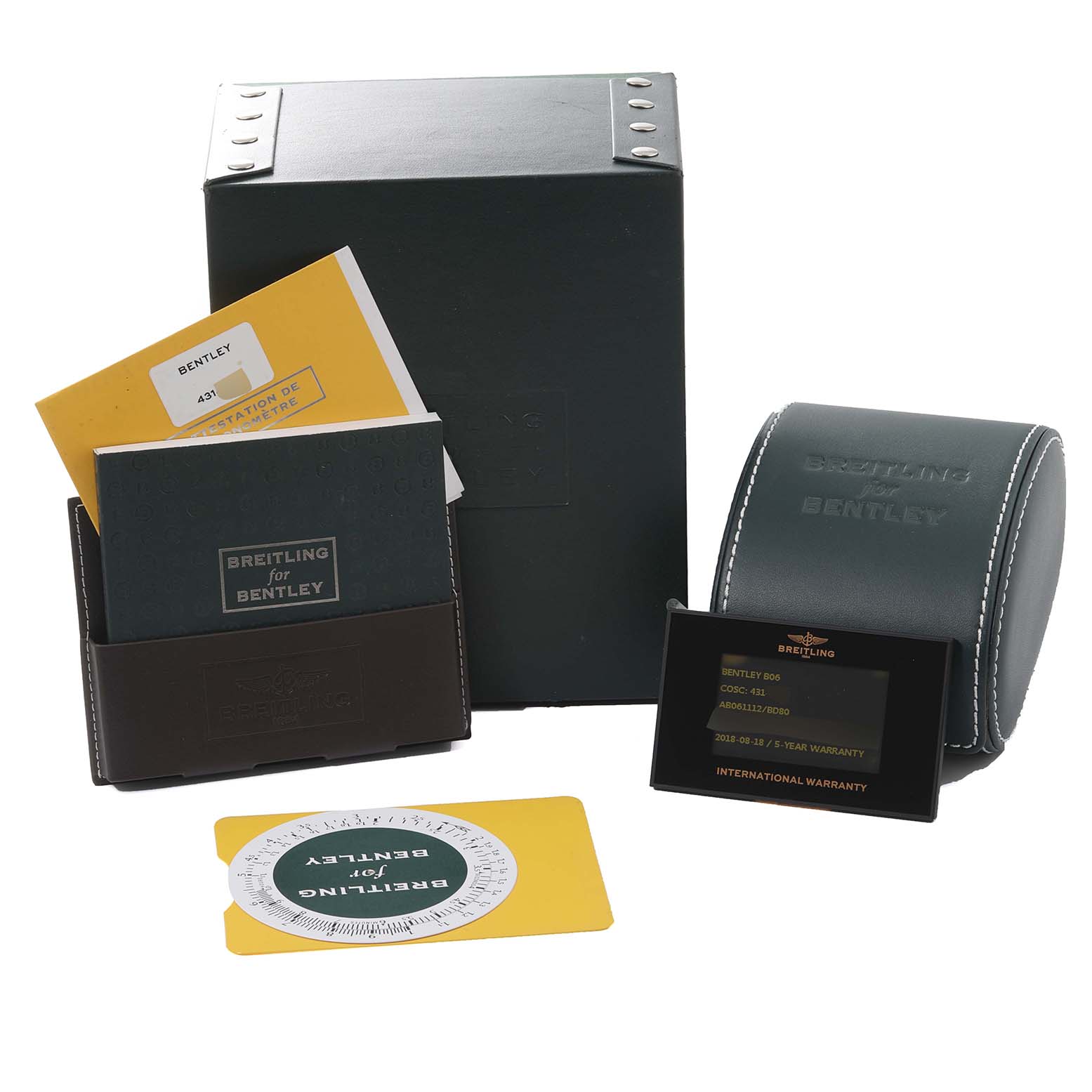 The image shows an angled view of the Breitling Bentley AB061112/BD80 Men's Stainless Steel Black Dial AB061112/BD80 Men's Stainless Steel Black Dial watch packaging, including the box, leather pouch, warranty card, and manuals.