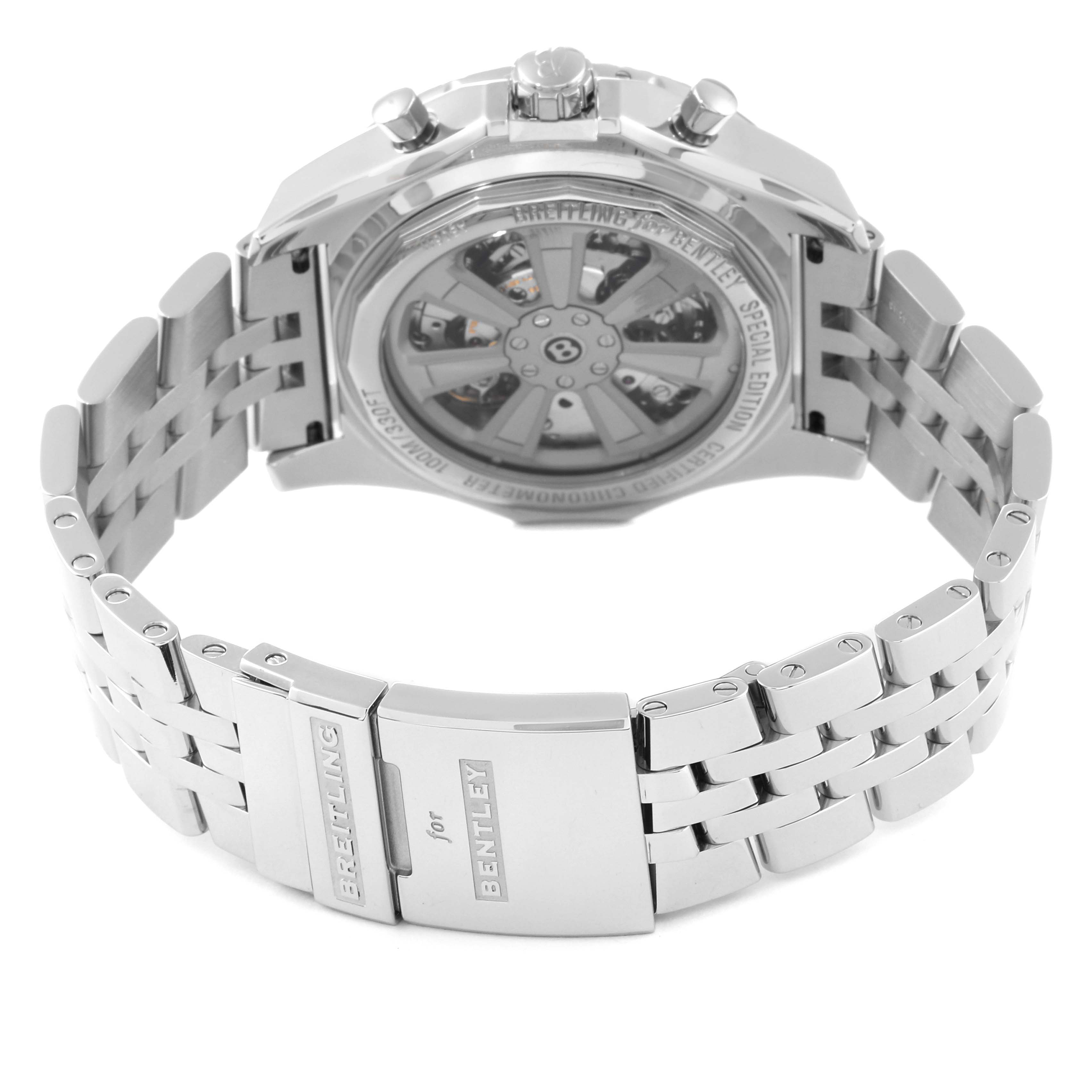 The image shows the backside and metal bracelet of a Breitling Bentley AB061112/BD80 Men's Stainless Steel Black Dial AB061112/BD80 Men's Stainless Steel Black Dial model watch, highlighting the clasp and transparent case back.