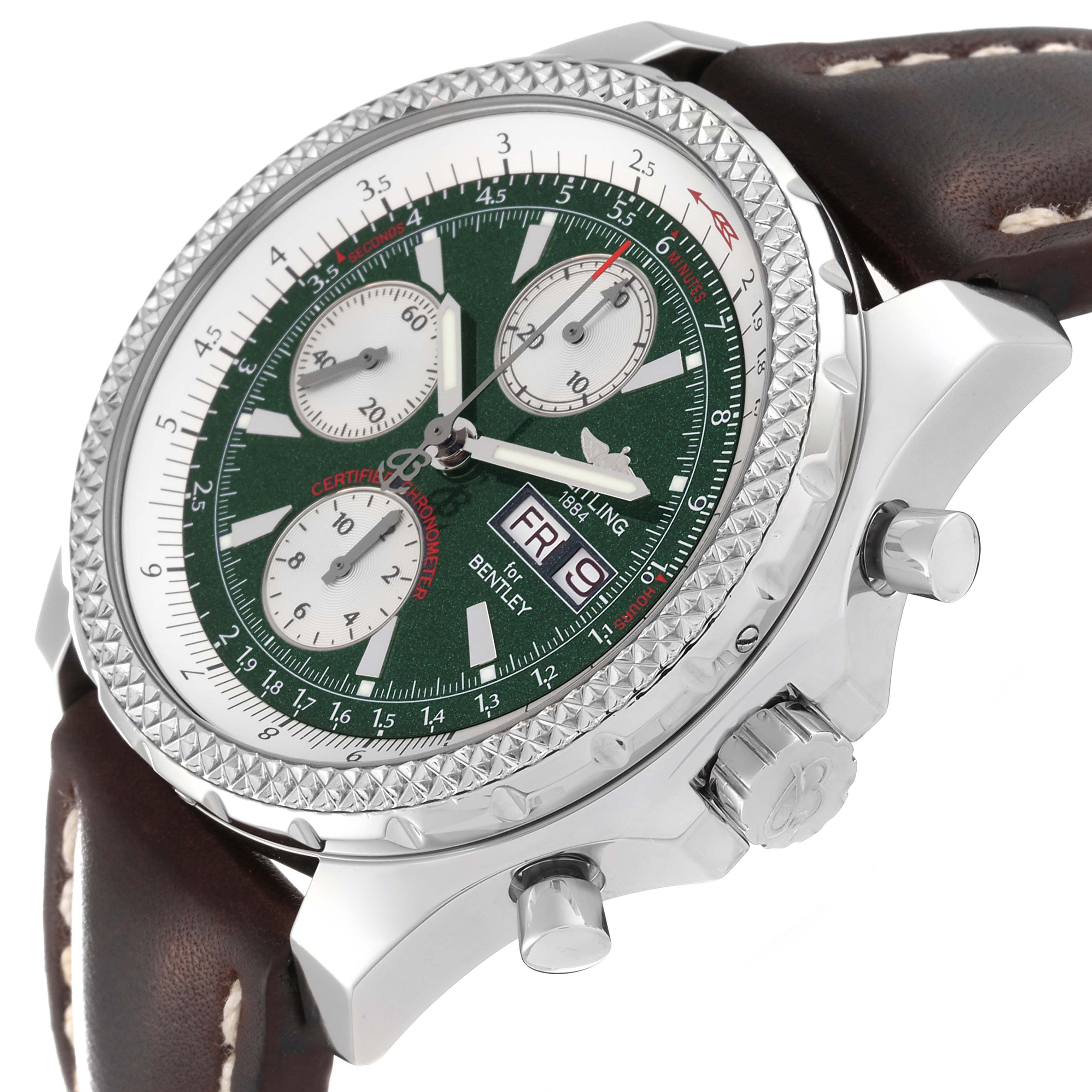 This Breitling Bentley A13362 Men's Stainless Steel Green Dial A13362 Men's Stainless Steel Green Dial model watch is shown in a three-quarter angle, displaying the face, bezel, and side pushers.