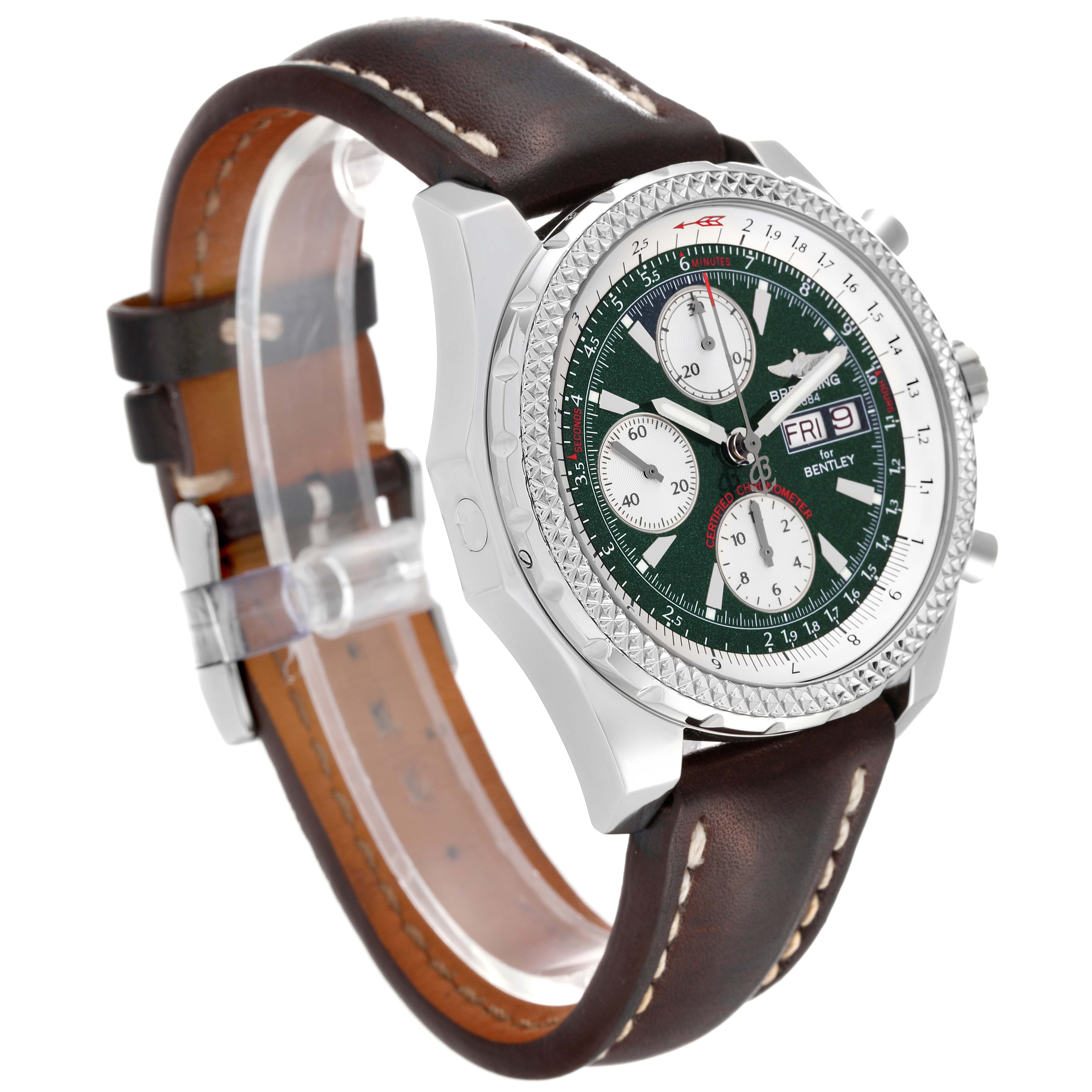 The Breitling Bentley A13362 Men's Stainless Steel Green Dial A13362 Men's Stainless Steel Green Dial model watch is shown at an angled side view, highlighting its green dial, chronograph, leather strap, and bezel.