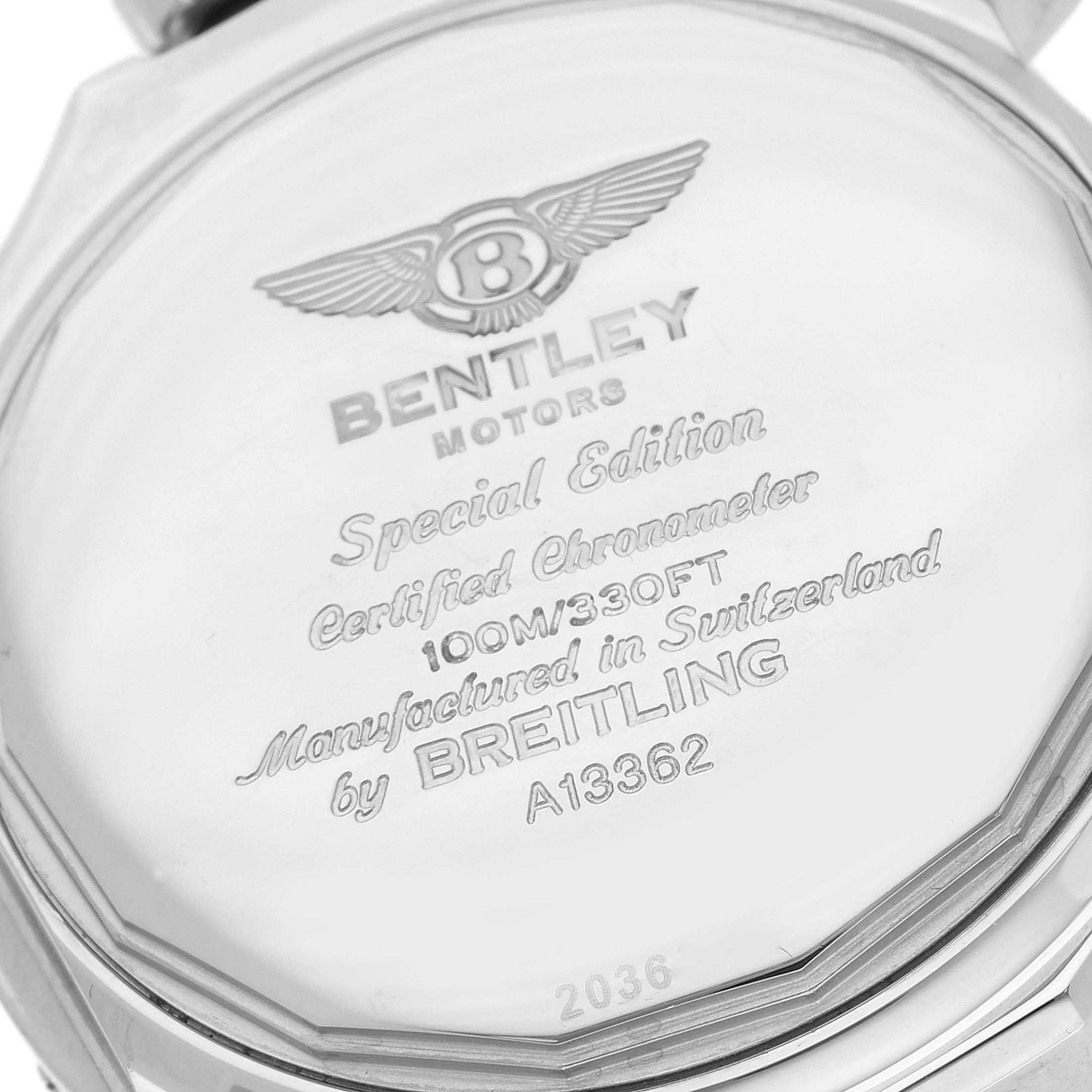 The image shows the back case of the Breitling Bentley A13362 Men's Stainless Steel Green Dial A13362 Men's Stainless Steel Green Dial model watch featuring engraved details and branding.