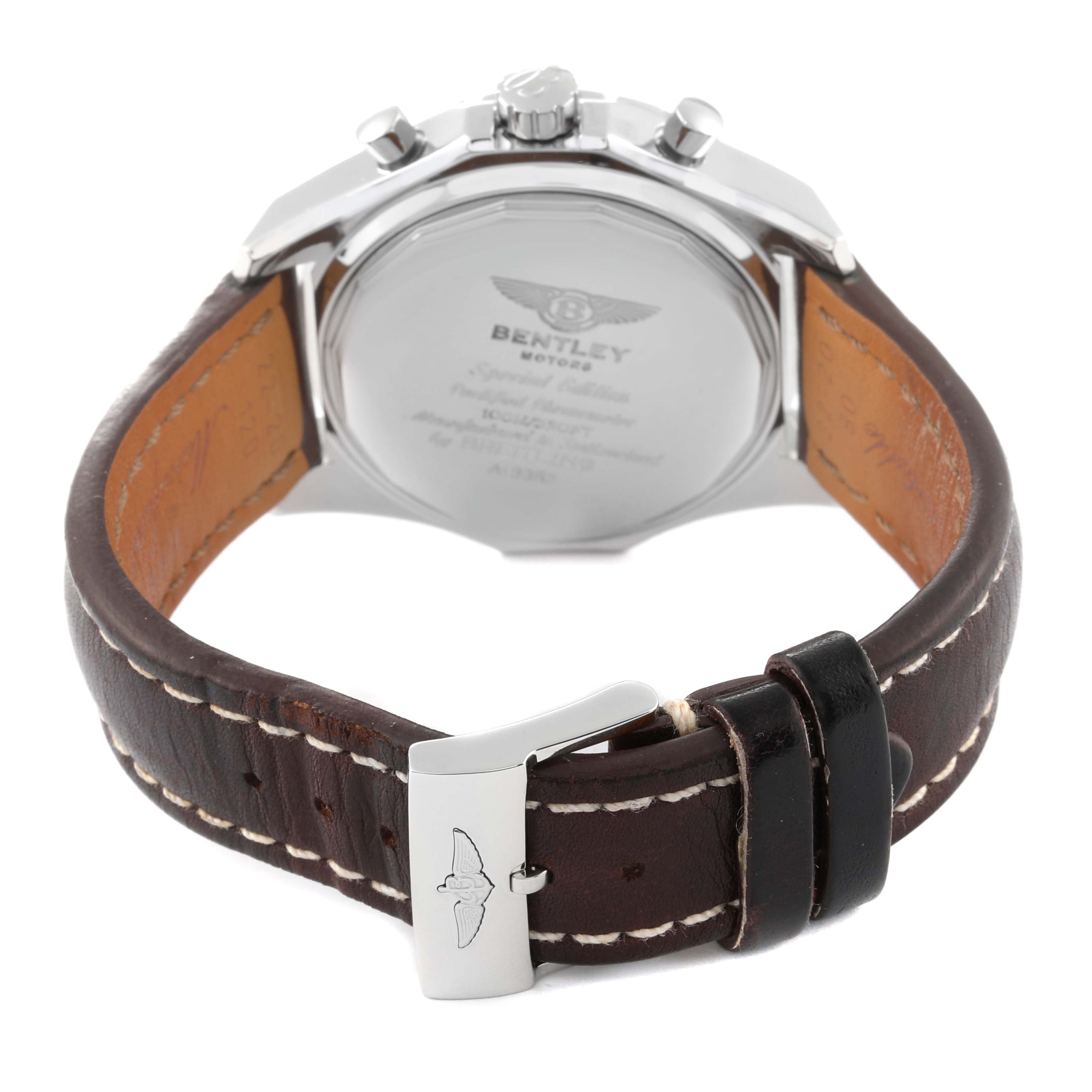 This image shows the back case and leather strap of the Bentley model by Breitling.