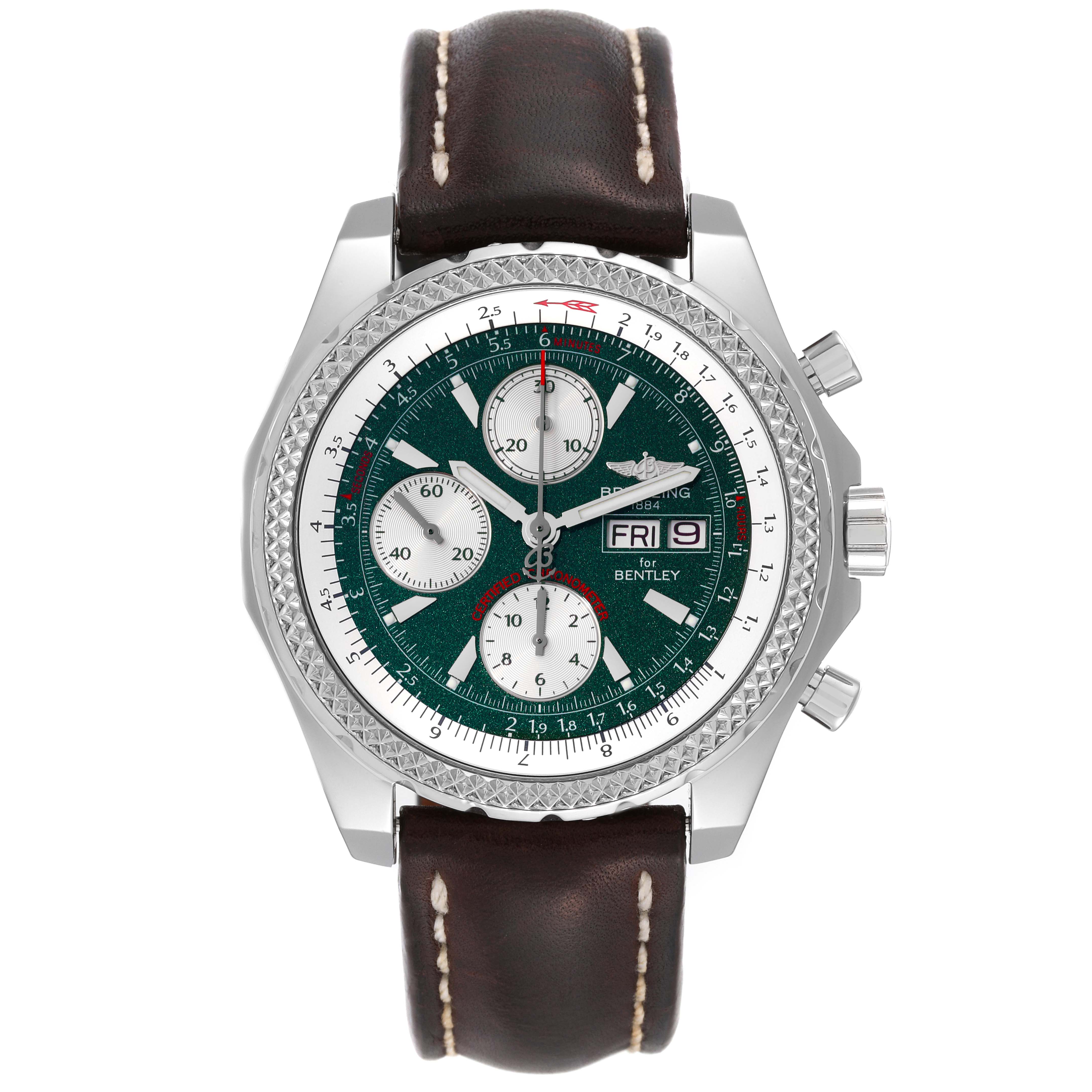 This Breitling Bentley A13362 Men's Stainless Steel Green Dial A13362 Men's Stainless Steel Green Dial watch is shown from the front, featuring its green dial, chronograph subdials, and brown leather strap.