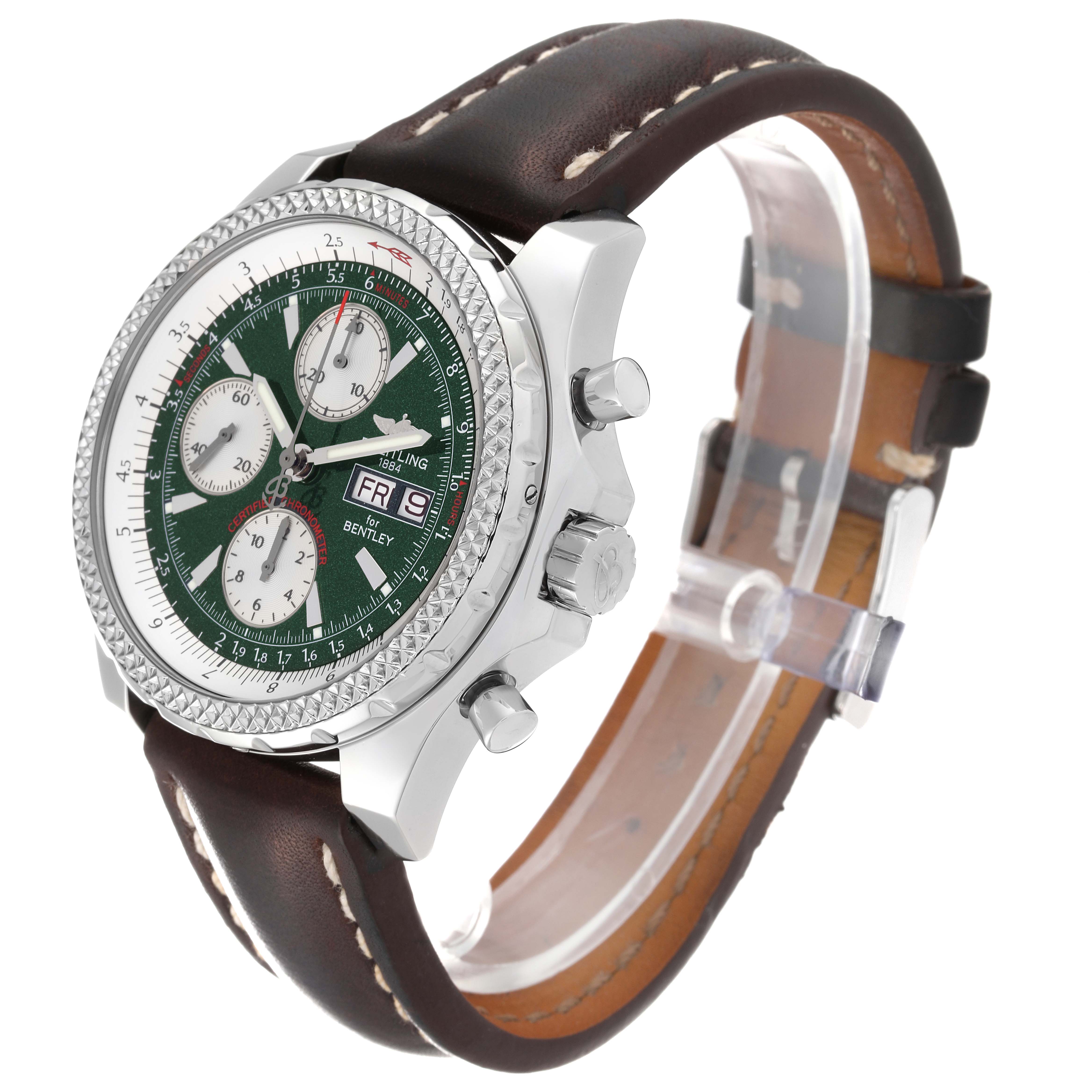 The Breitling Bentley A13362 Men's Stainless Steel Green Dial A13362 Men's Stainless Steel Green Dial watch is shown at a three-quarter angle, highlighting the face, chronographs, bezel, and brown leather strap.