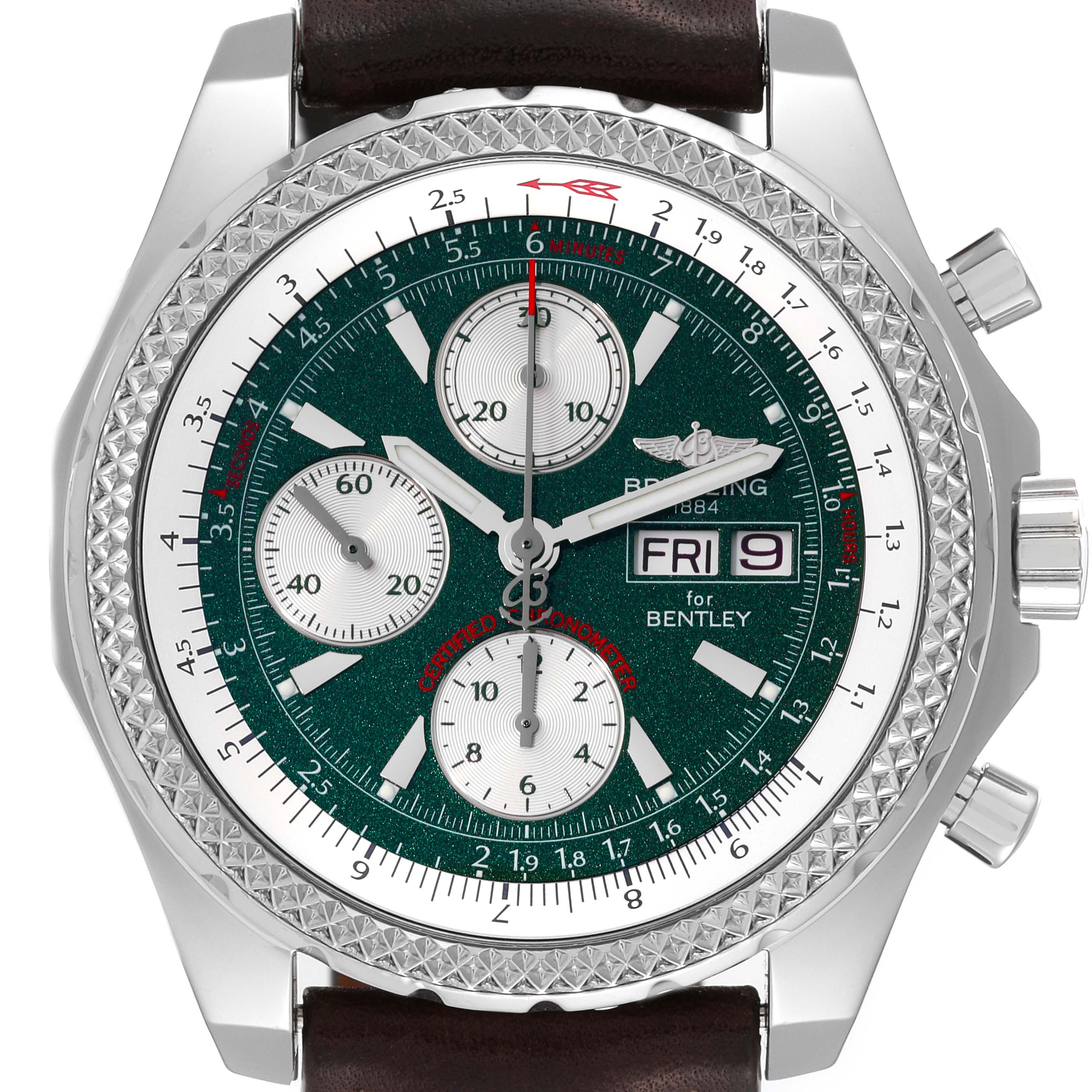 The Breitling Bentley A13362 Men's Stainless Steel Green Dial A13362 Men's Stainless Steel Green Dial watch is shown from a front angle, displaying the face, bezel, crown, pushers, and strap.