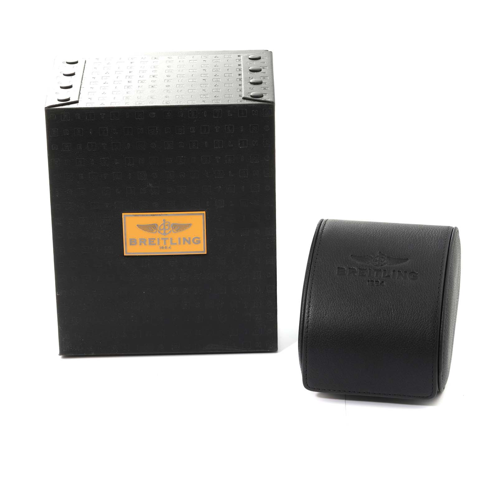 The image shows the packaging and leather case for a Breitling Bentley A13362 Men's Stainless Steel Green Dial A13362 Men's Stainless Steel Green Dial watch, photographed from a front angle.