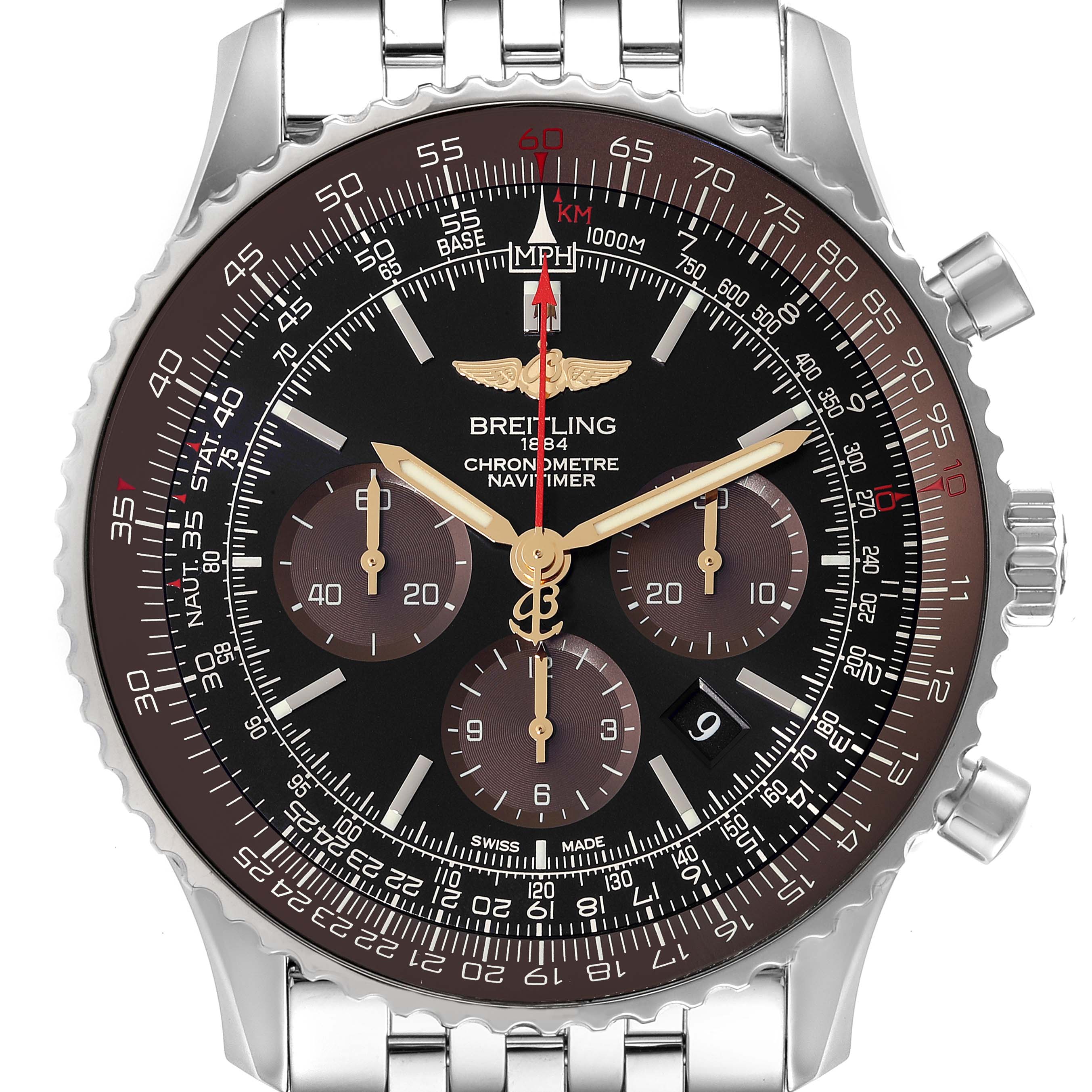 The image shows a front view of the Breitling Navitimer AB0127 Men
s Stainless Steel Black Dial AB0127 Men
s Stainless Steel Black Dial watch, displaying the dial, subdials, bezel, and stainless steel bracelet.
