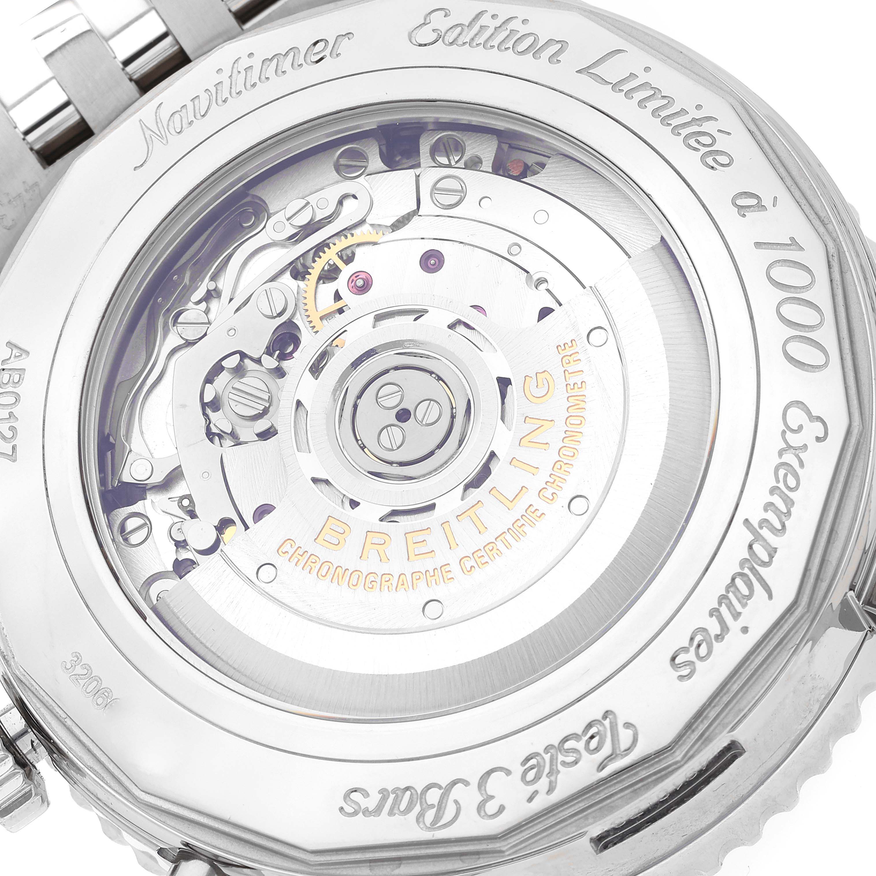 The image shows the exhibition case back of a Breitling Navitimer AB0127 Men
s Stainless Steel Black Dial AB0127 Men
s Stainless Steel Black Dial watch, highlighting the movement and engravings.