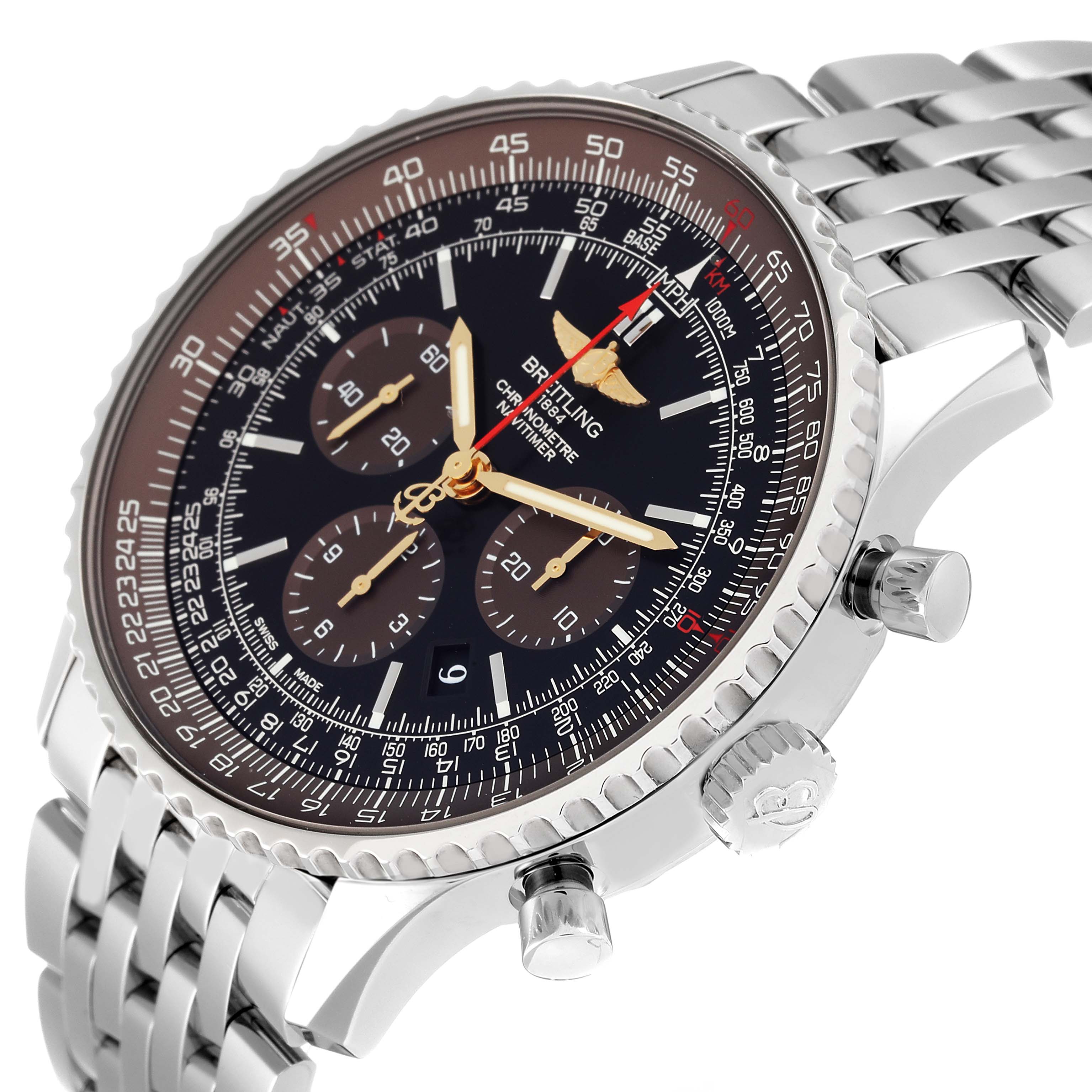 The image shows a Breitling Navitimer AB0127 Men
s Stainless Steel Black Dial AB0127 Men
s Stainless Steel Black Dial watch angled to display its face, bezel, crown, pushers, and metal bracelet.