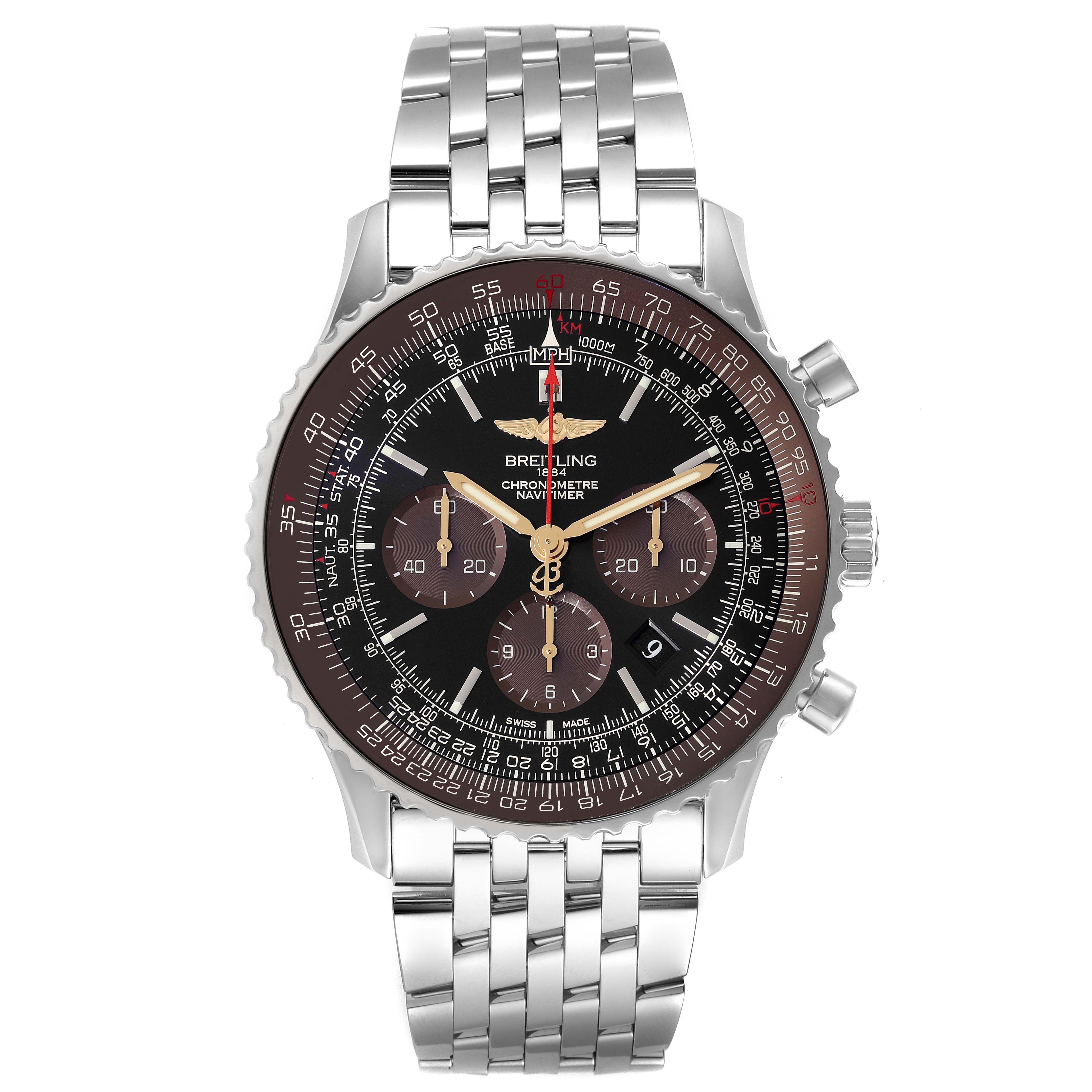 The image displays a Breitling Navitimer AB0127 Men
s Stainless Steel Black Dial AB0127 Men
s Stainless Steel Black Dial watch from a front angle, showcasing the dial, subdials, bezel, and stainless steel bracelet.