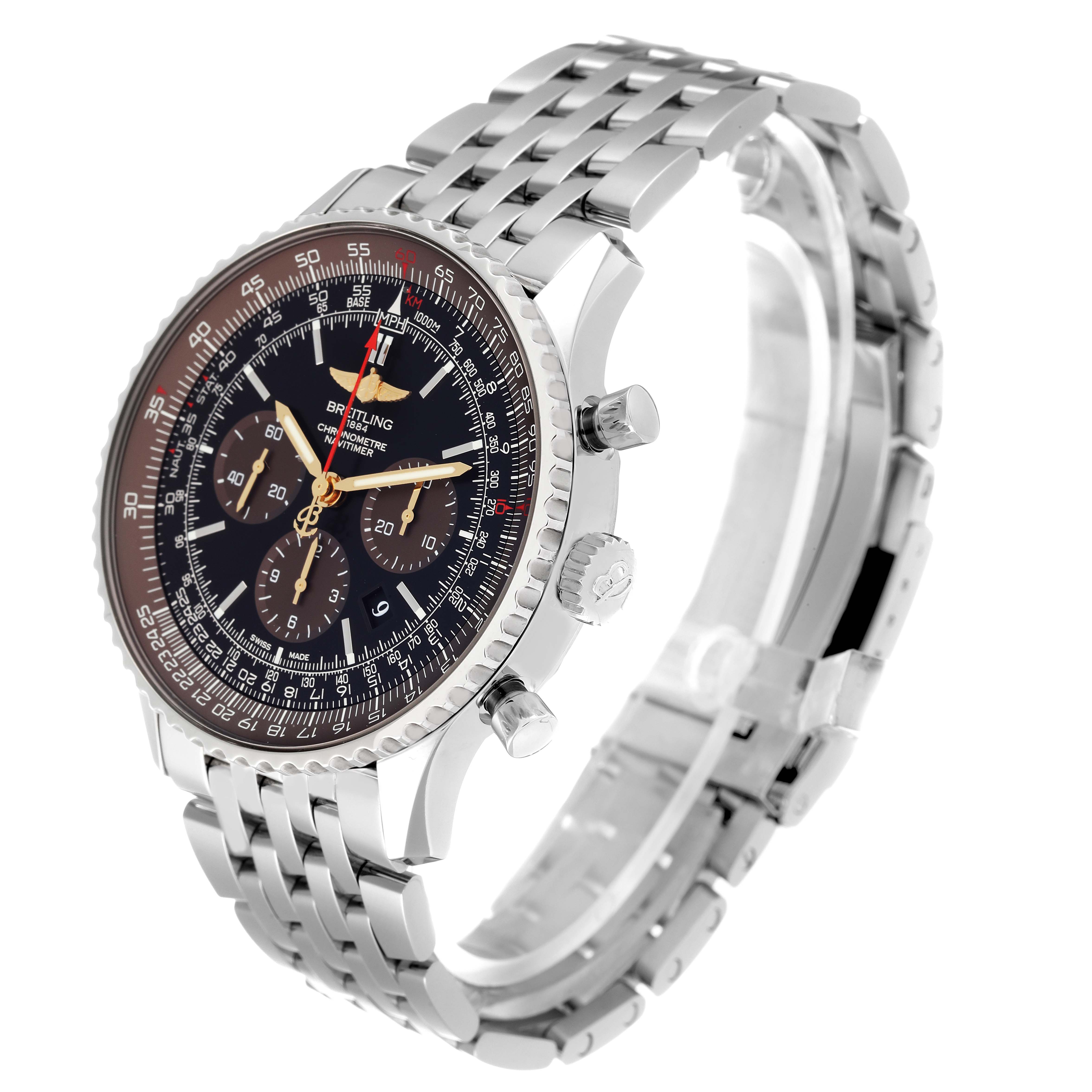 The image shows a Breitling Navitimer AB0127 Men
s Stainless Steel Black Dial AB0127 Men
s Stainless Steel Black Dial watch at an angle highlighting its face, three subdials, crown, and stainless steel bracelet.