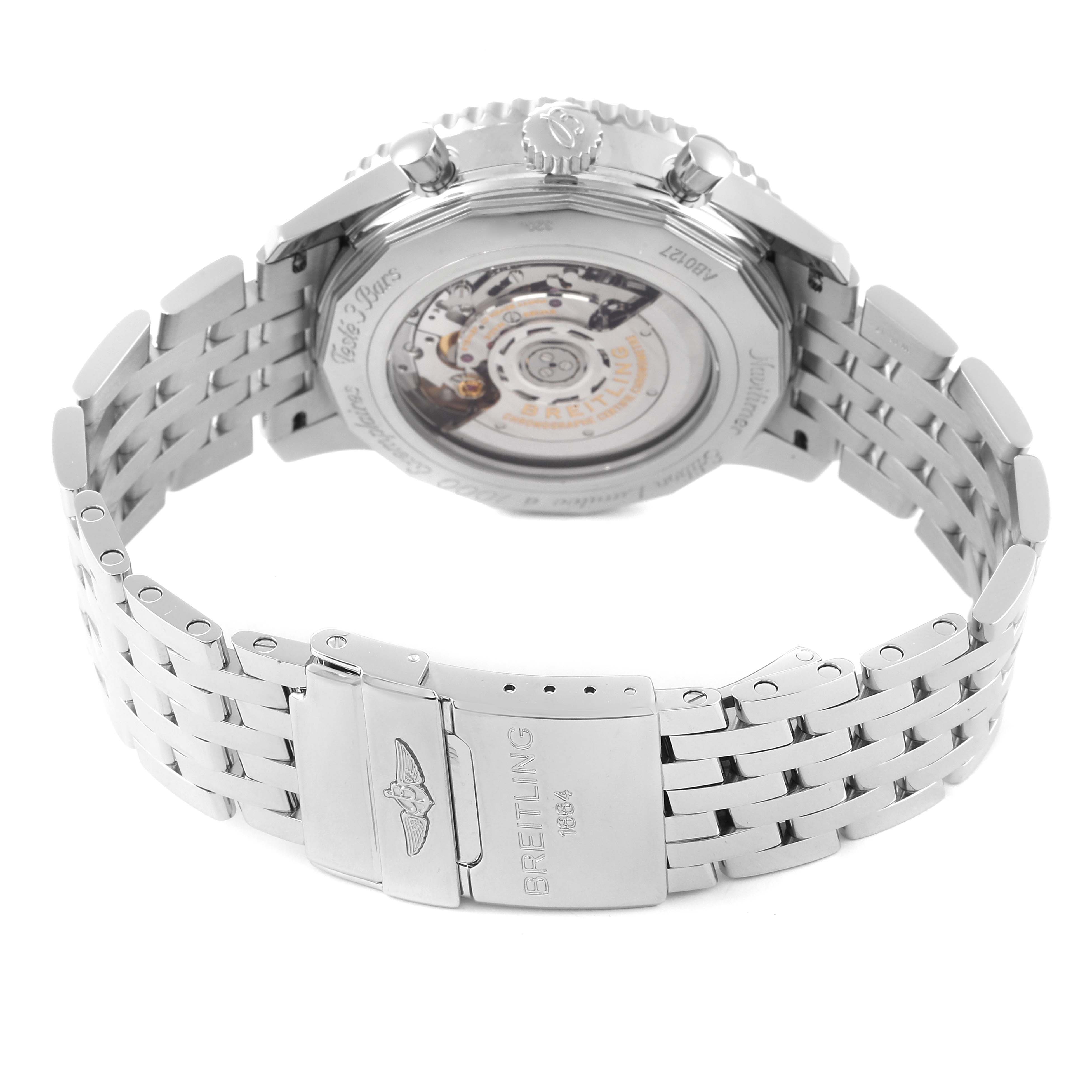 This image shows the back and bracelet of a Breitling Navitimer AB0127 Men
s Stainless Steel Black Dial AB0127 Men
s Stainless Steel Black Dial watch, highlighting the clasp and movement through the transparent case back.