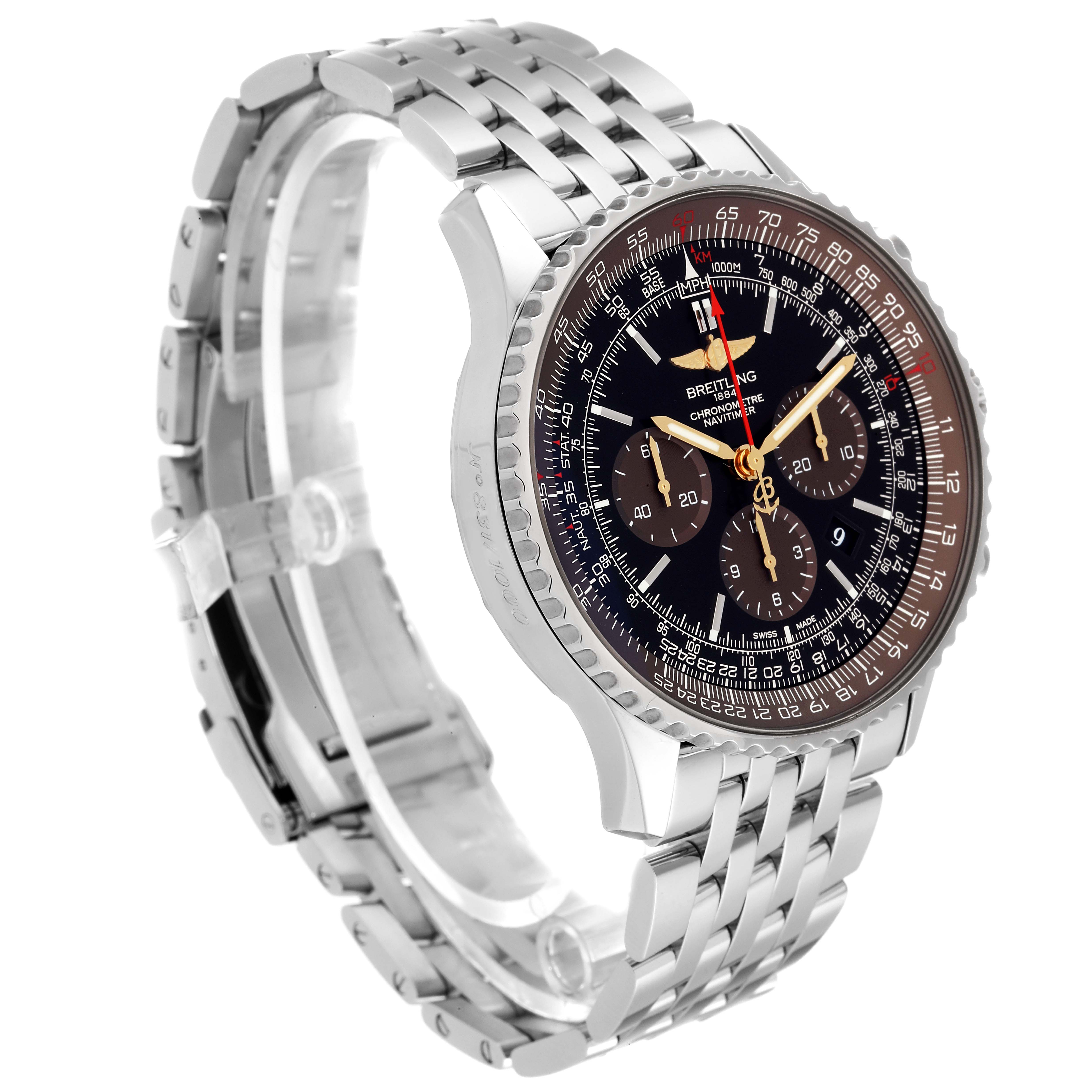The Breitling Navitimer AB0127 Men
s Stainless Steel Black Dial AB0127 Men
s Stainless Steel Black Dial watch is shown at a three-quarter angle, displaying the face, bezel, and metal bracelet.