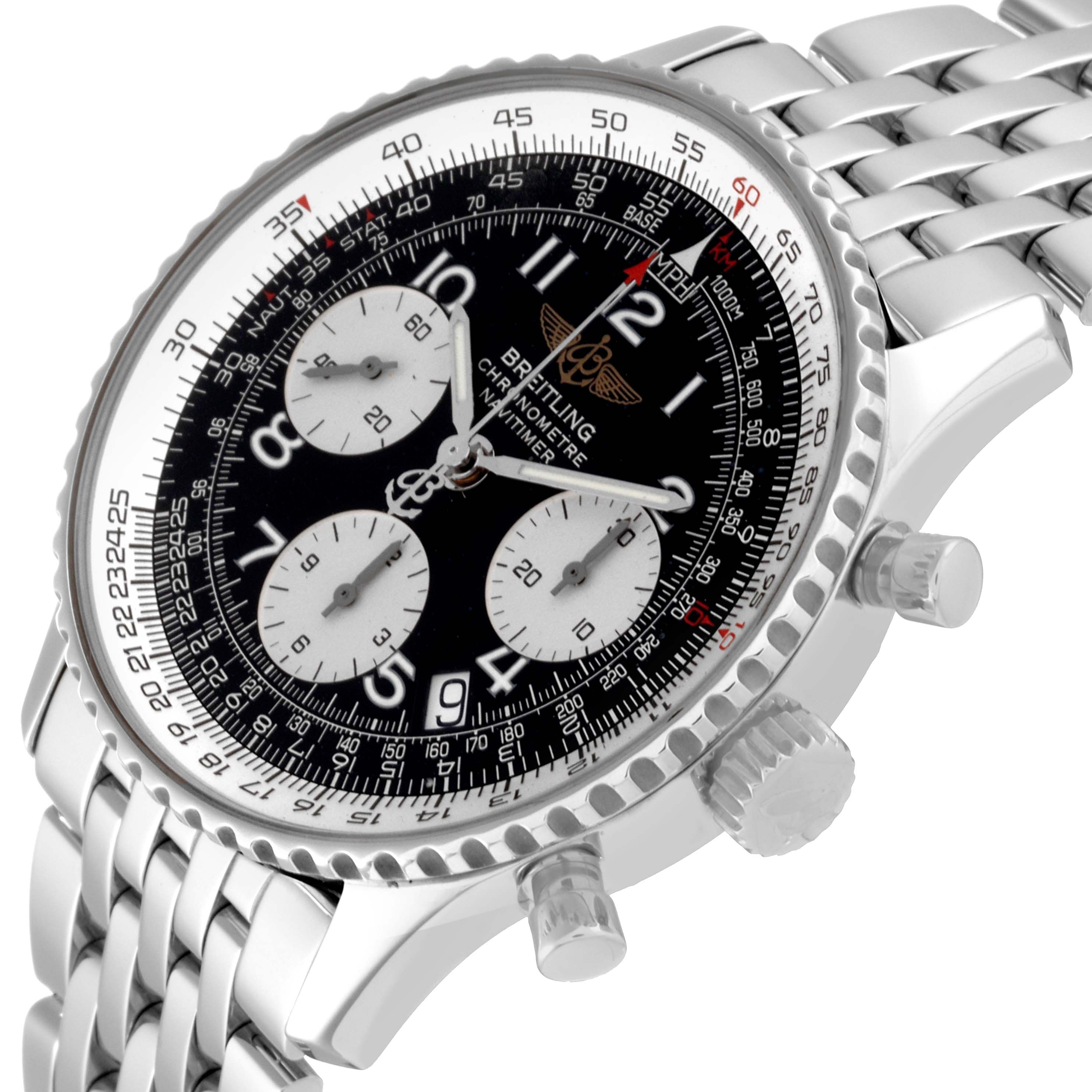 The image shows a close-up view of the face, bezel, and bracelet of the Breitling Navitimer A23322 Men's Stainless Steel Black Dial A23322 Men's Stainless Steel Black Dial watch at a slight angle.