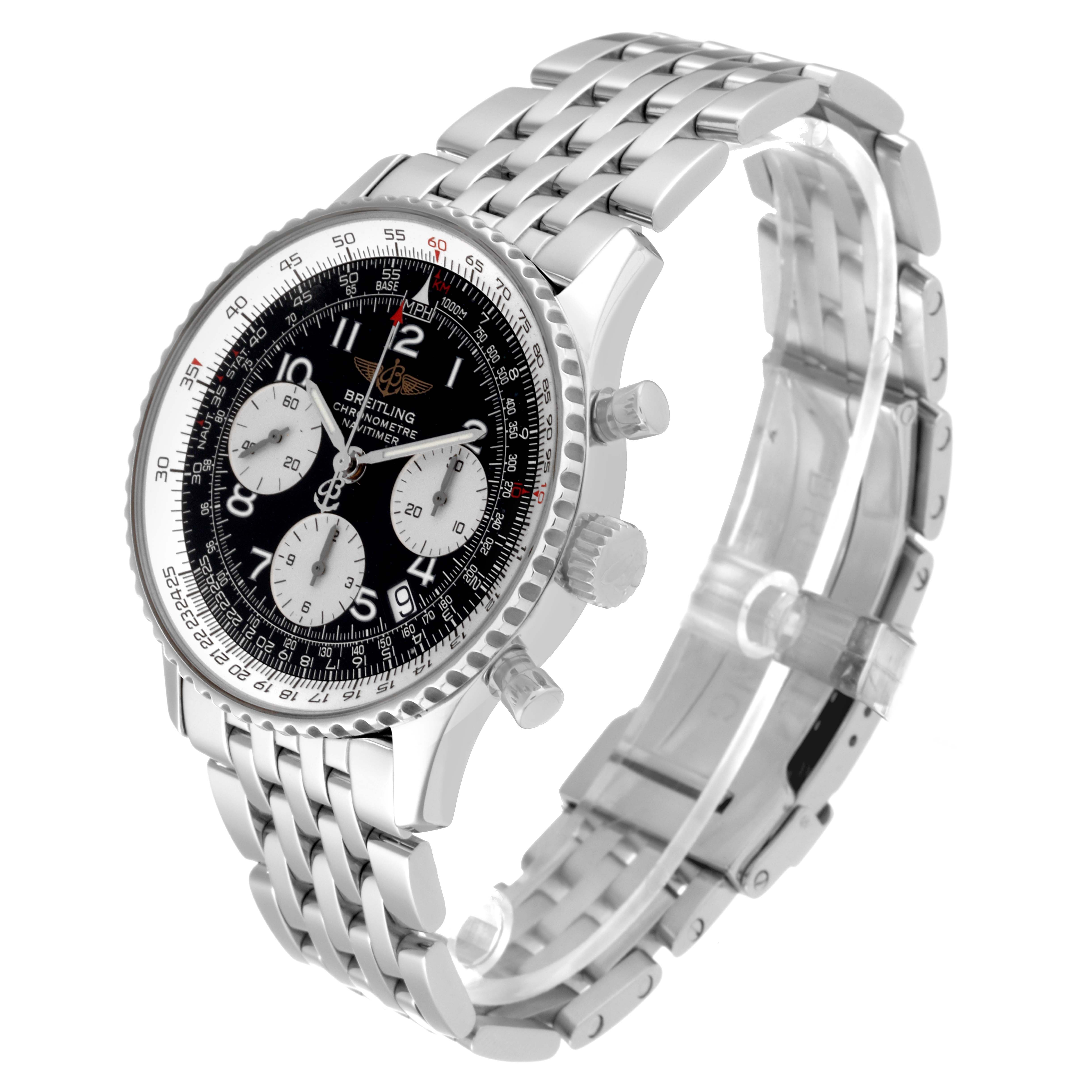 The Breitling Navitimer A23322 Men's Stainless Steel Black Dial A23322 Men's Stainless Steel Black Dial watch is shown at a 3/4 angle, displaying its dial, three subdials, crown, pushers, and metal bracelet.