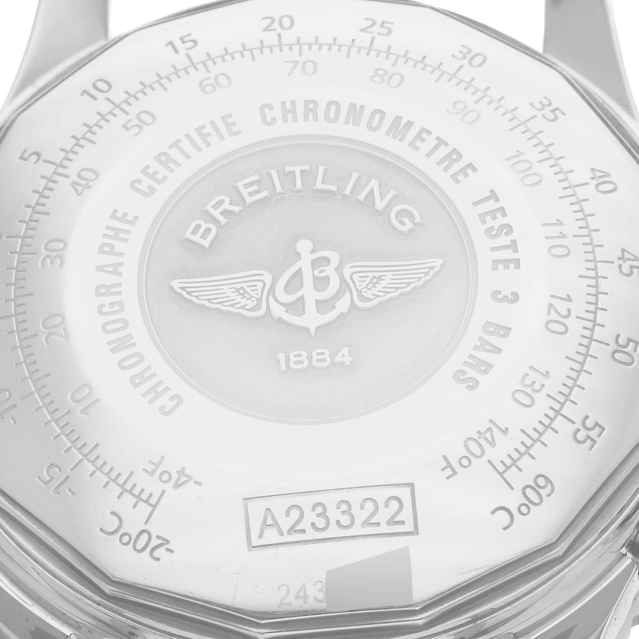 This image shows the back of a Breitling Navitimer A23322 Men's Stainless Steel Black Dial A23322 Men's Stainless Steel Black Dial watch, displaying the model number A23322.