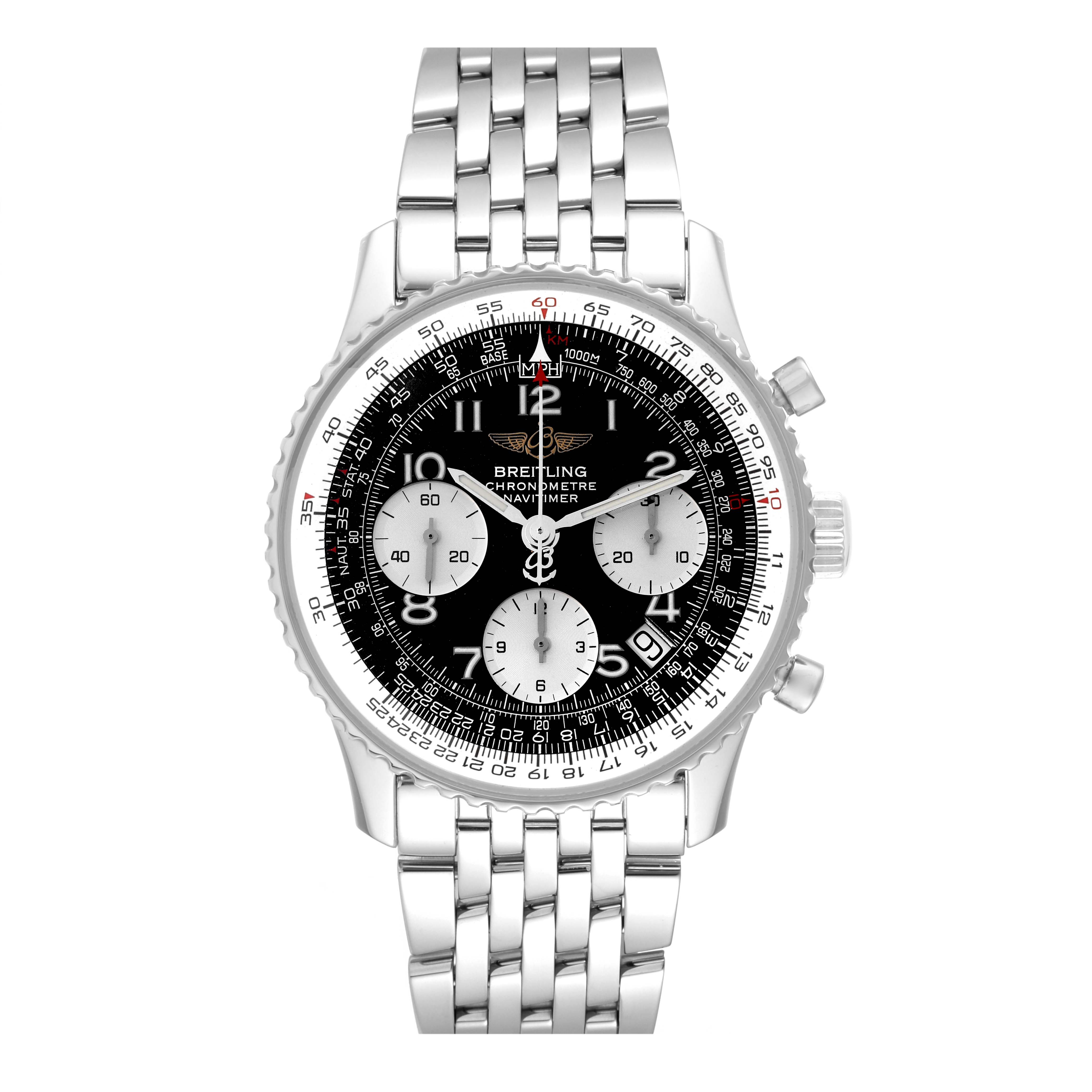 The Breitling Navitimer A23322 Men's Stainless Steel Black Dial A23322 Men's Stainless Steel Black Dial watch is shown from the front, displaying its face, dial, subdials, and stainless steel bracelet.