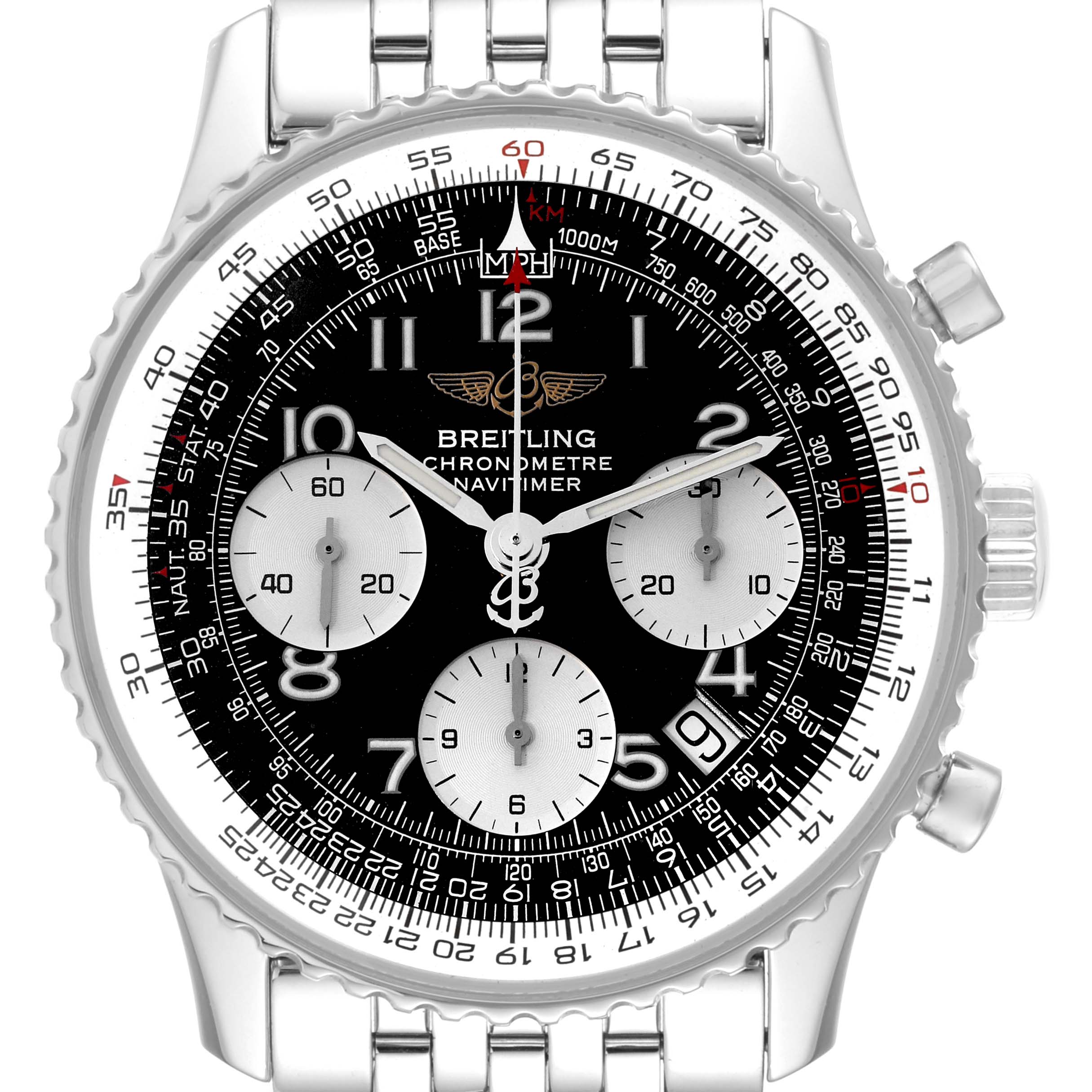 The image shows a front view of the Breitling Navitimer A23322 Men's Stainless Steel Black Dial A23322 Men's Stainless Steel Black Dial watch, displaying its dial, sub-dials, hands, bezel, and part of its metal bracelet.