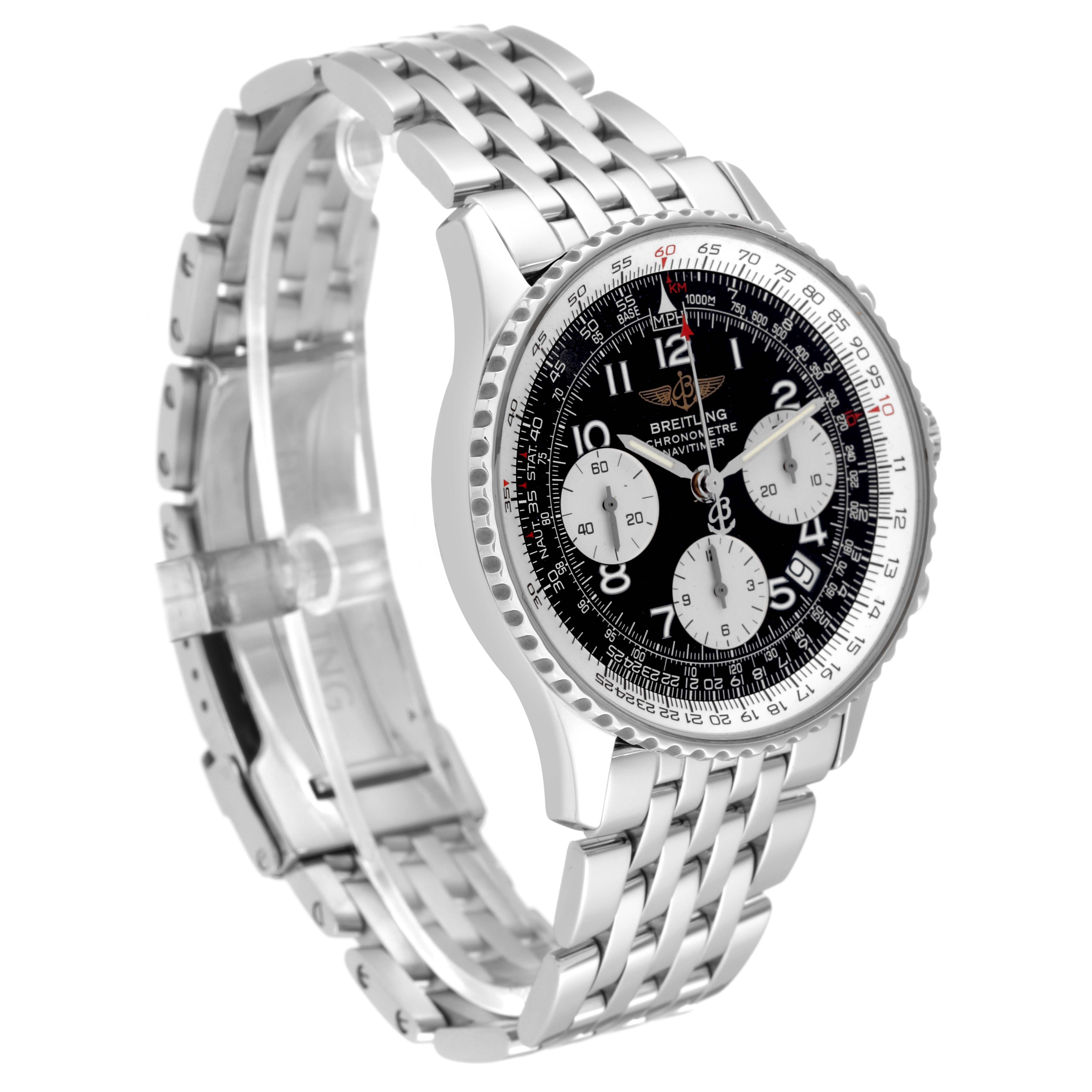The image shows a Breitling Navitimer A23322 Men's Stainless Steel Black Dial A23322 Men's Stainless Steel Black Dial watch at an angle highlighting the face, bezel, and partially open metal bracelet.