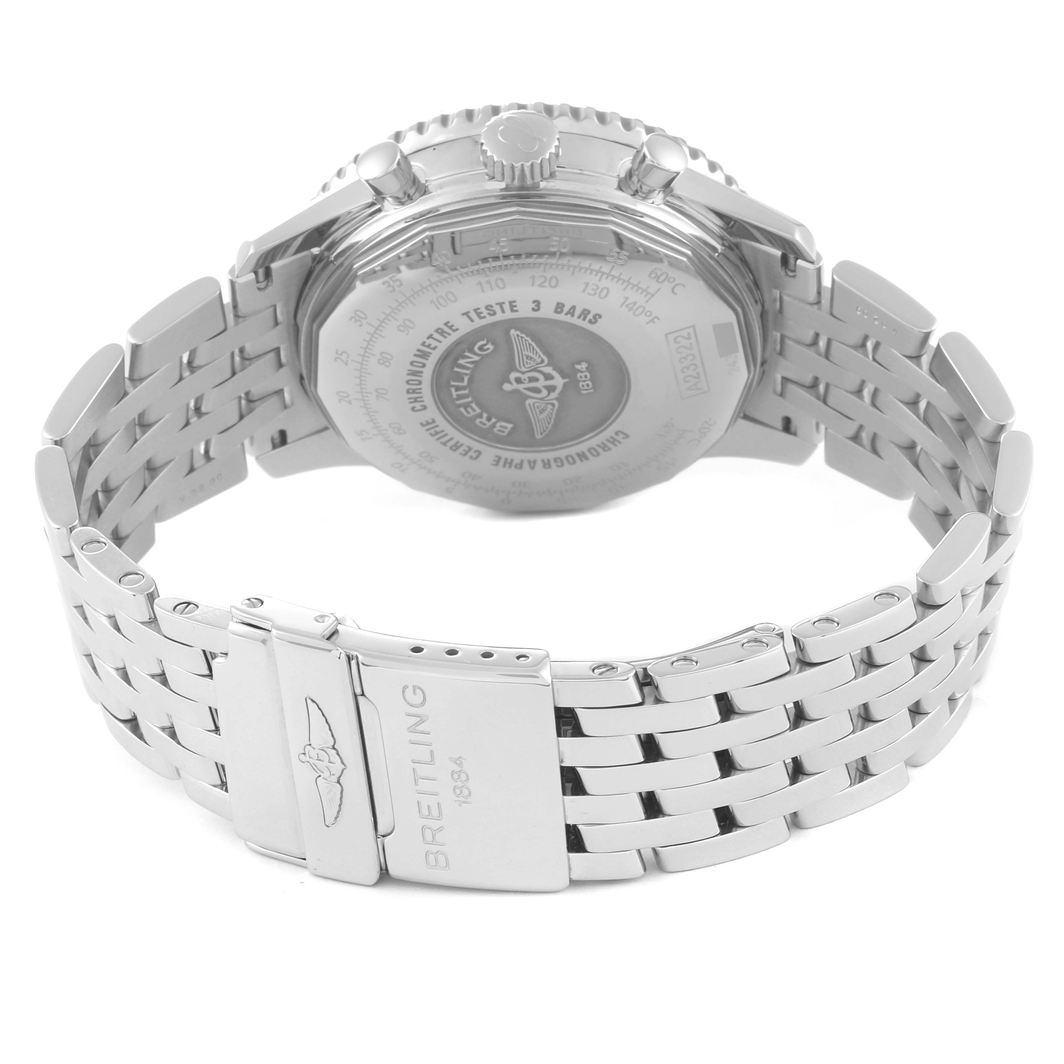 The image shows the back case and bracelet clasp of a Breitling Navitimer A23322 Men's Stainless Steel Black Dial A23322 Men's Stainless Steel Black Dial watch from a rear angle.