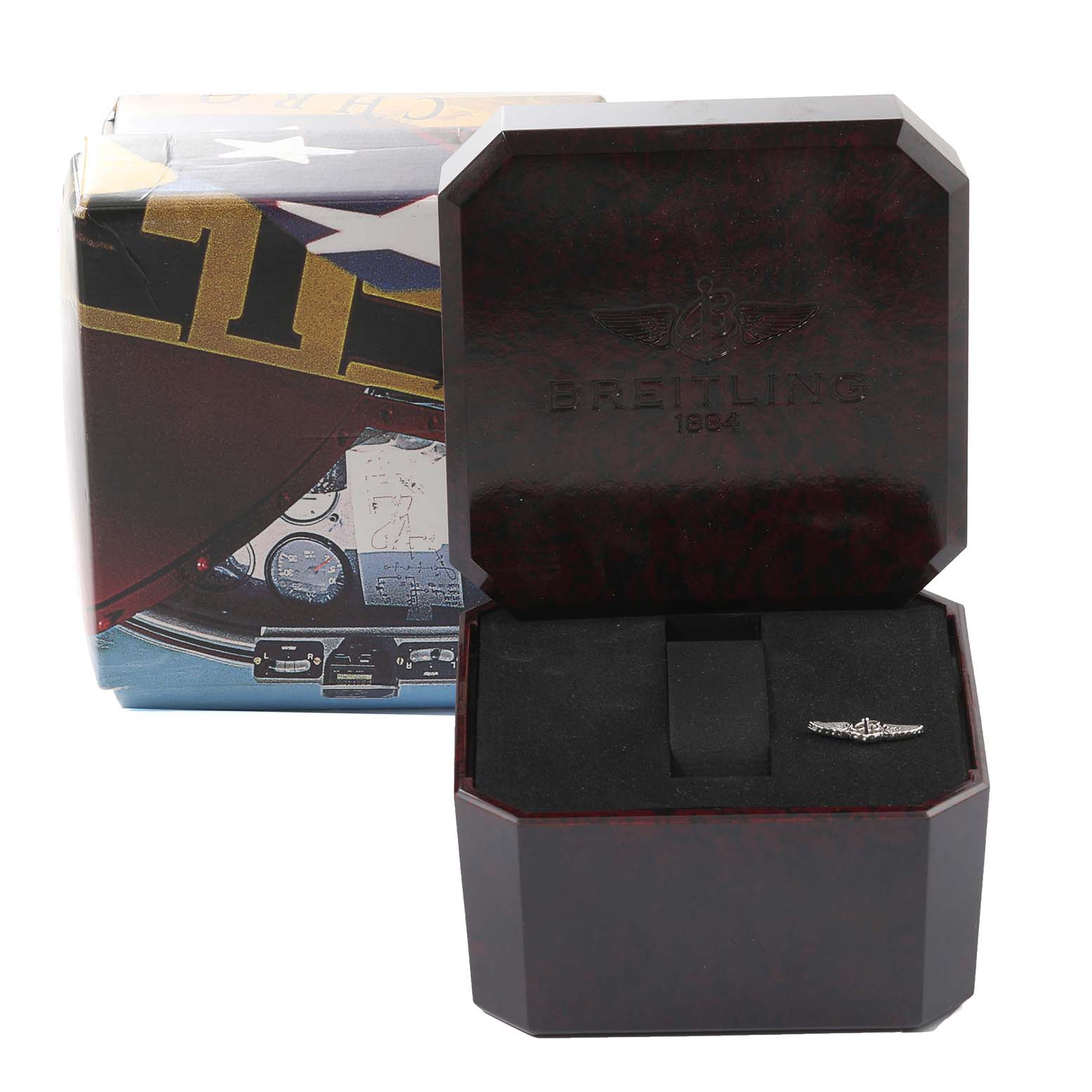 The image displays a Breitling Navitimer A23322 Men's Stainless Steel Black Dial A23322 Men's Stainless Steel Black Dial watch box and an outer box, with the watch not visible inside the box.