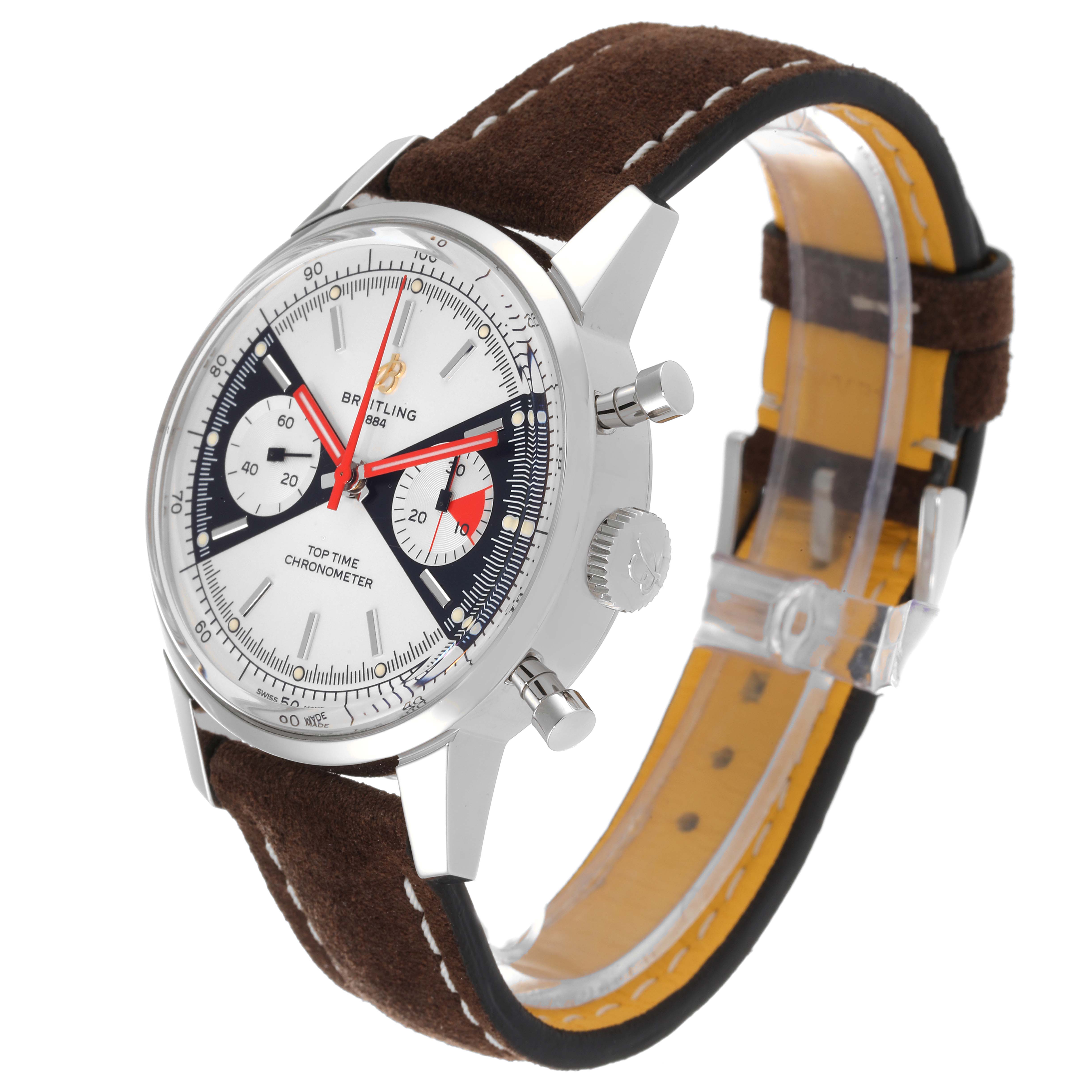 The Breitling Premier A23310 Men's Stainless Steel White Dial A23310 Men's Stainless Steel White Dial model watch is shown at a three-quarter angle, highlighting the dial, chronograph pushers, and brown leather strap.