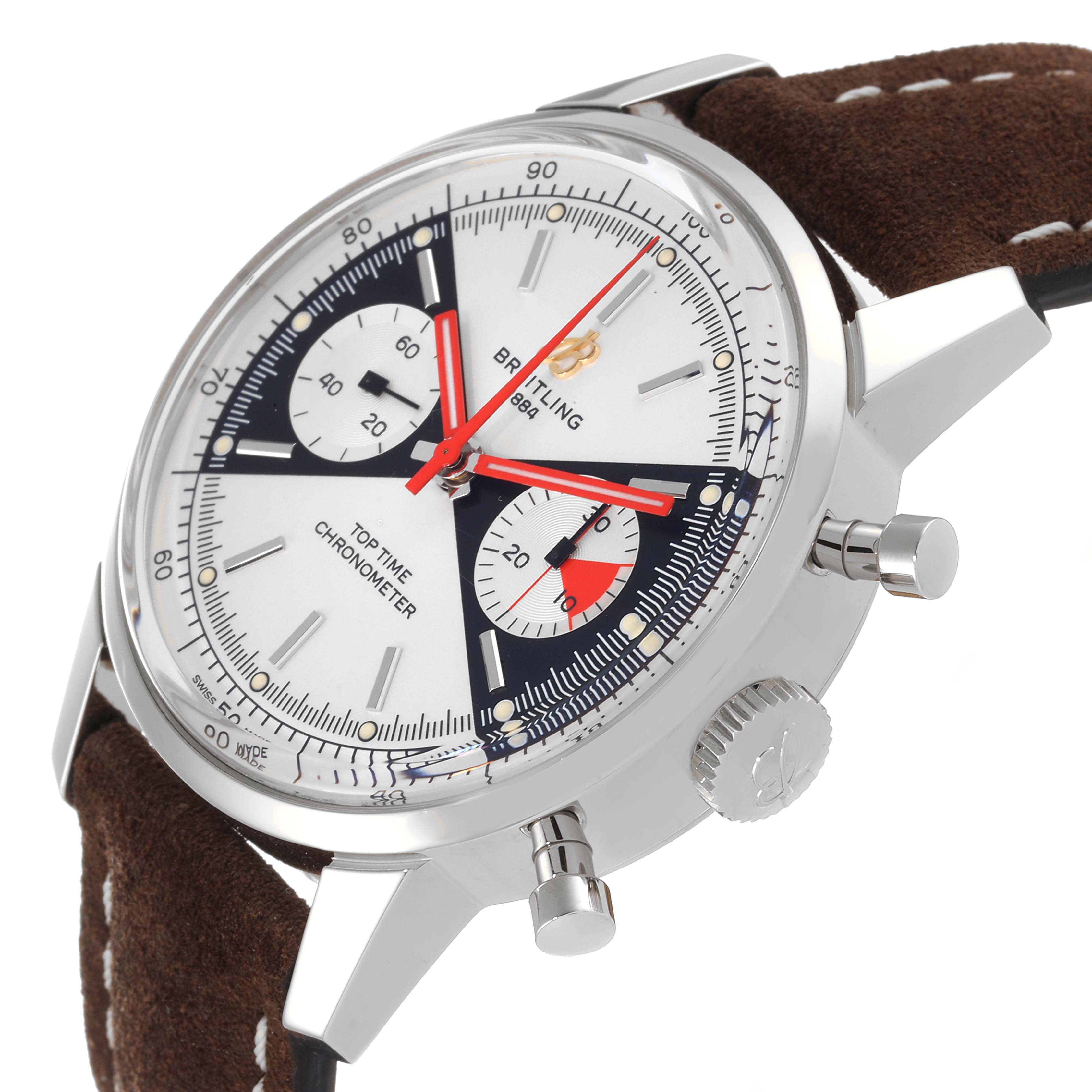 The Breitling Premier A23310 Men's Stainless Steel White Dial A23310 Men's Stainless Steel White Dial model watch is shown at an angle highlighting the case, dial, crown, pushers, and leather strap.