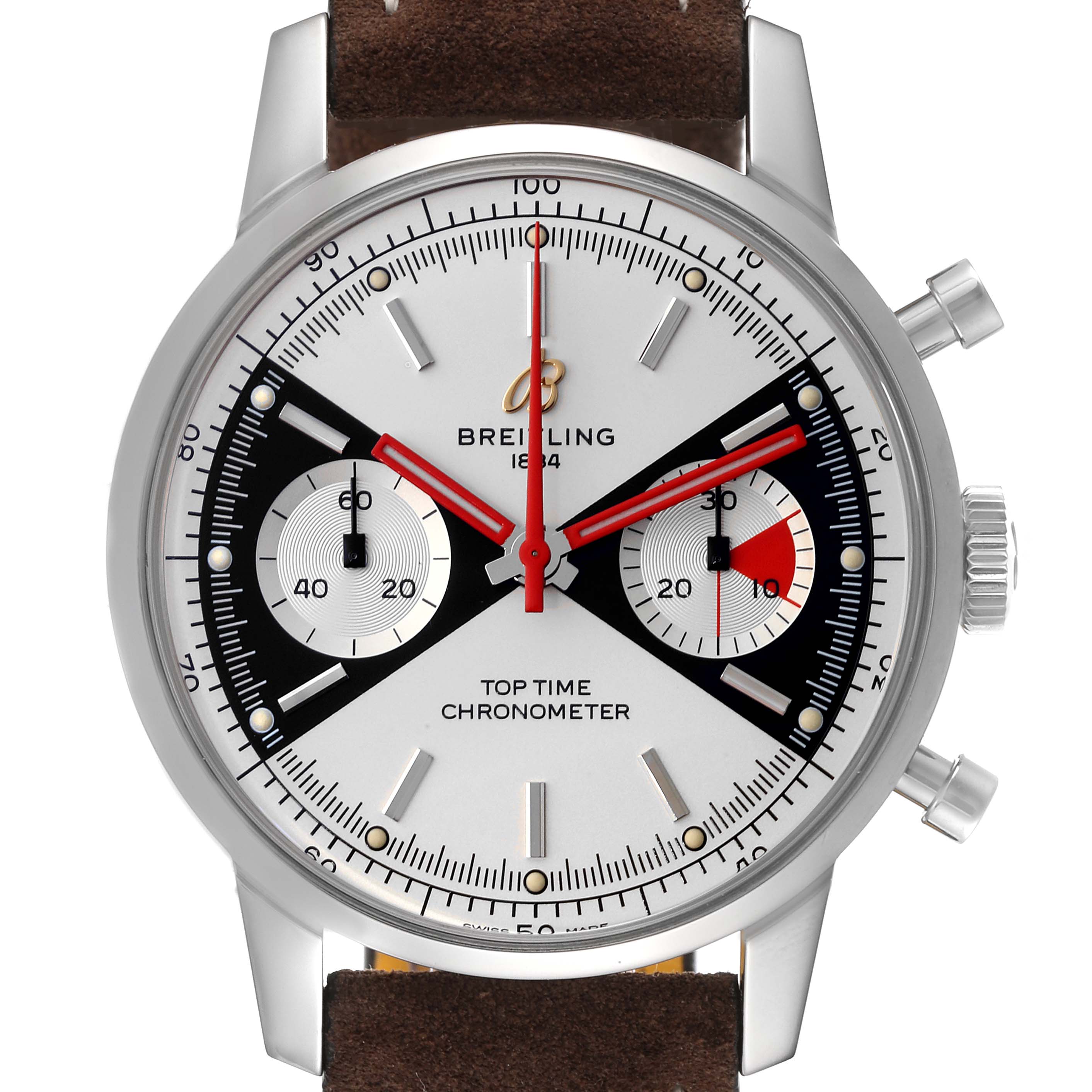 The image shows a close-up, front view of a Breitling Premier A23310 Men's Stainless Steel White Dial A23310 Men's Stainless Steel White Dial Top Time Chronometer watch, highlighting the dial and chronograph.