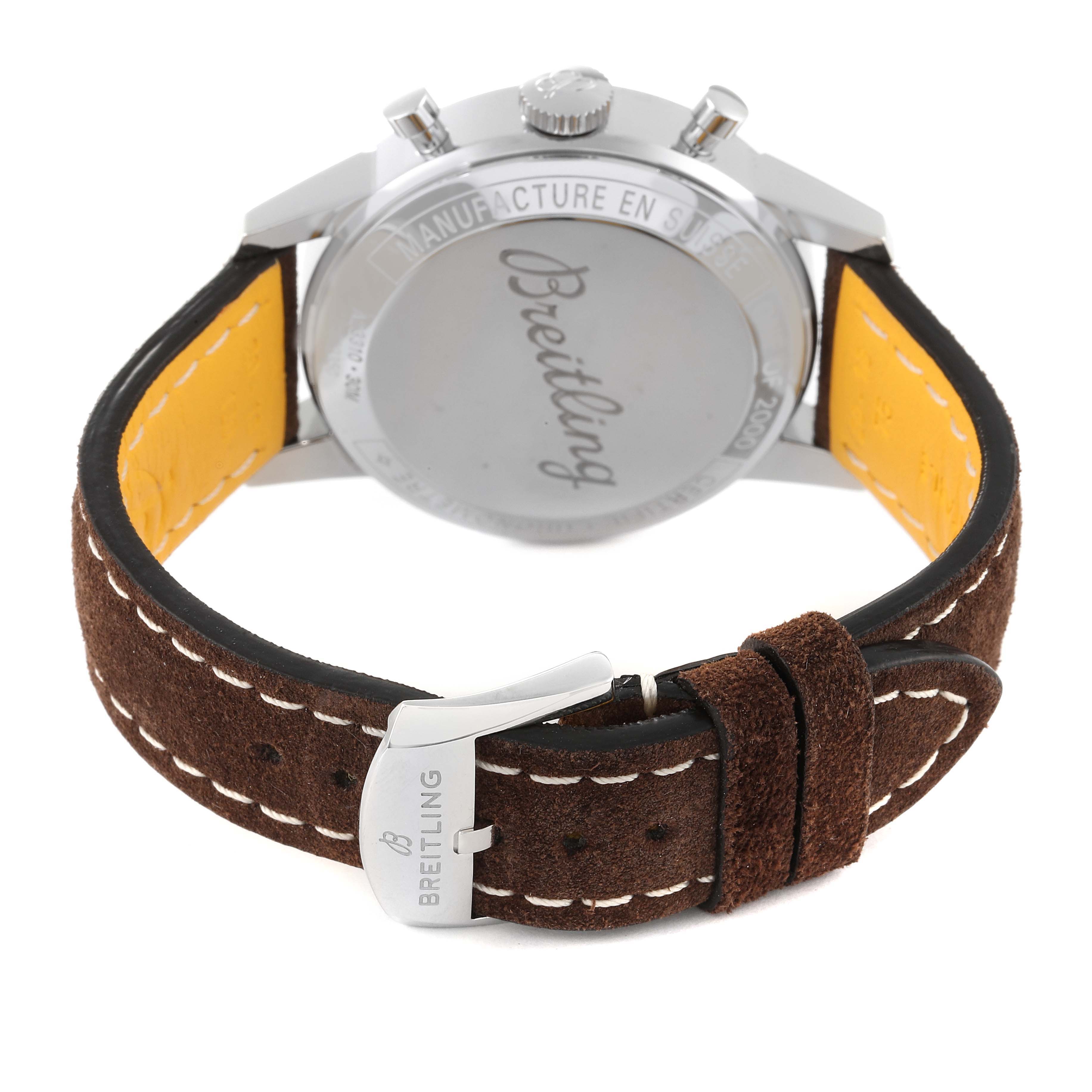 The image shows the back and strap of the Breitling Premier A23310 Men's Stainless Steel White Dial A23310 Men's Stainless Steel White Dial watch model, highlighting the case back and the brand's logo on the clasp.