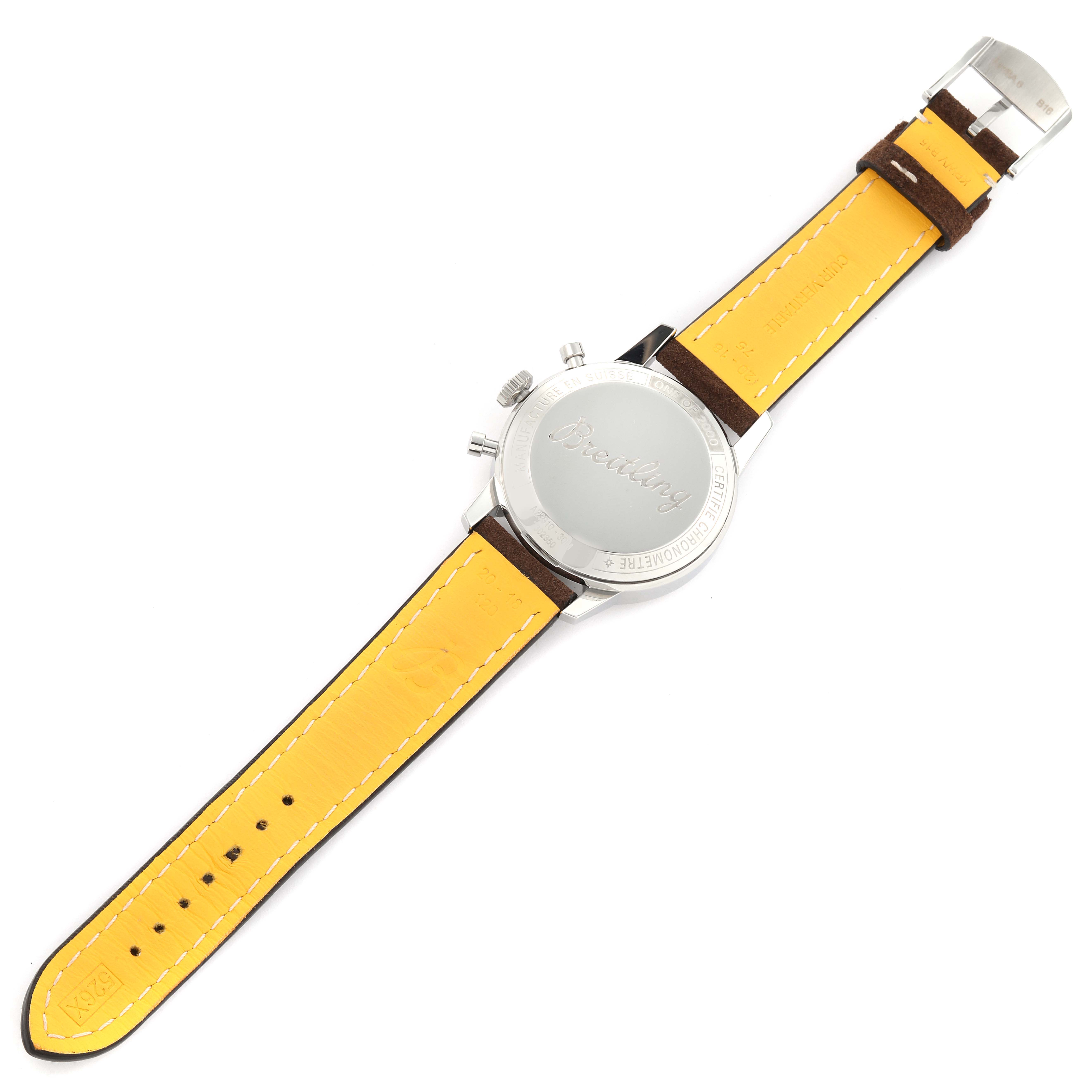 The image shows the back view of a Breitling Premier A23310 Men's Stainless Steel White Dial A23310 Men's Stainless Steel White Dial watch, highlighting the clasp, leather strap, and case back.