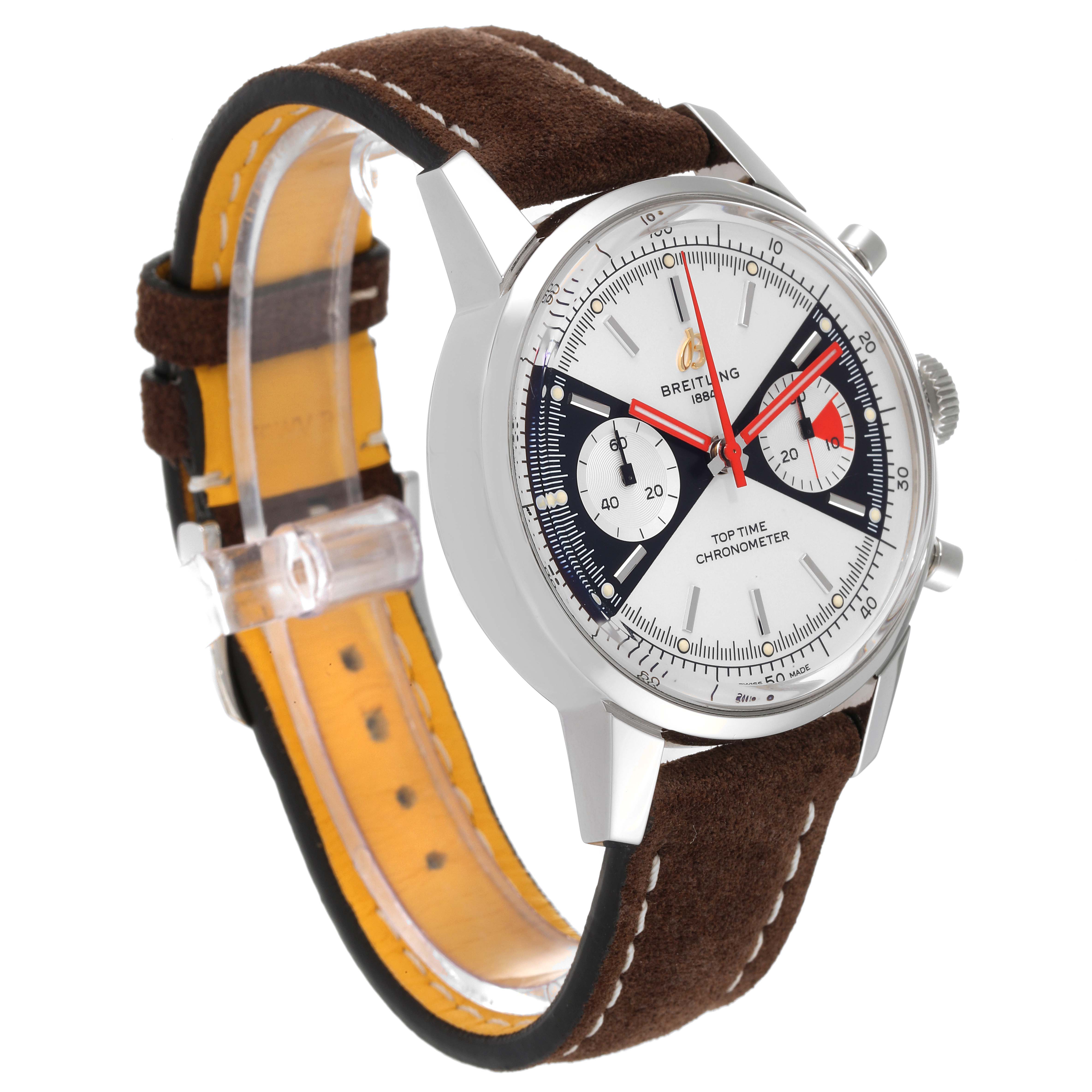 The image shows a Breitling Premier A23310 Men's Stainless Steel White Dial A23310 Men's Stainless Steel White Dial model watch at a three-quarter angle, displaying the face, bezel, crown, and brown leather strap.