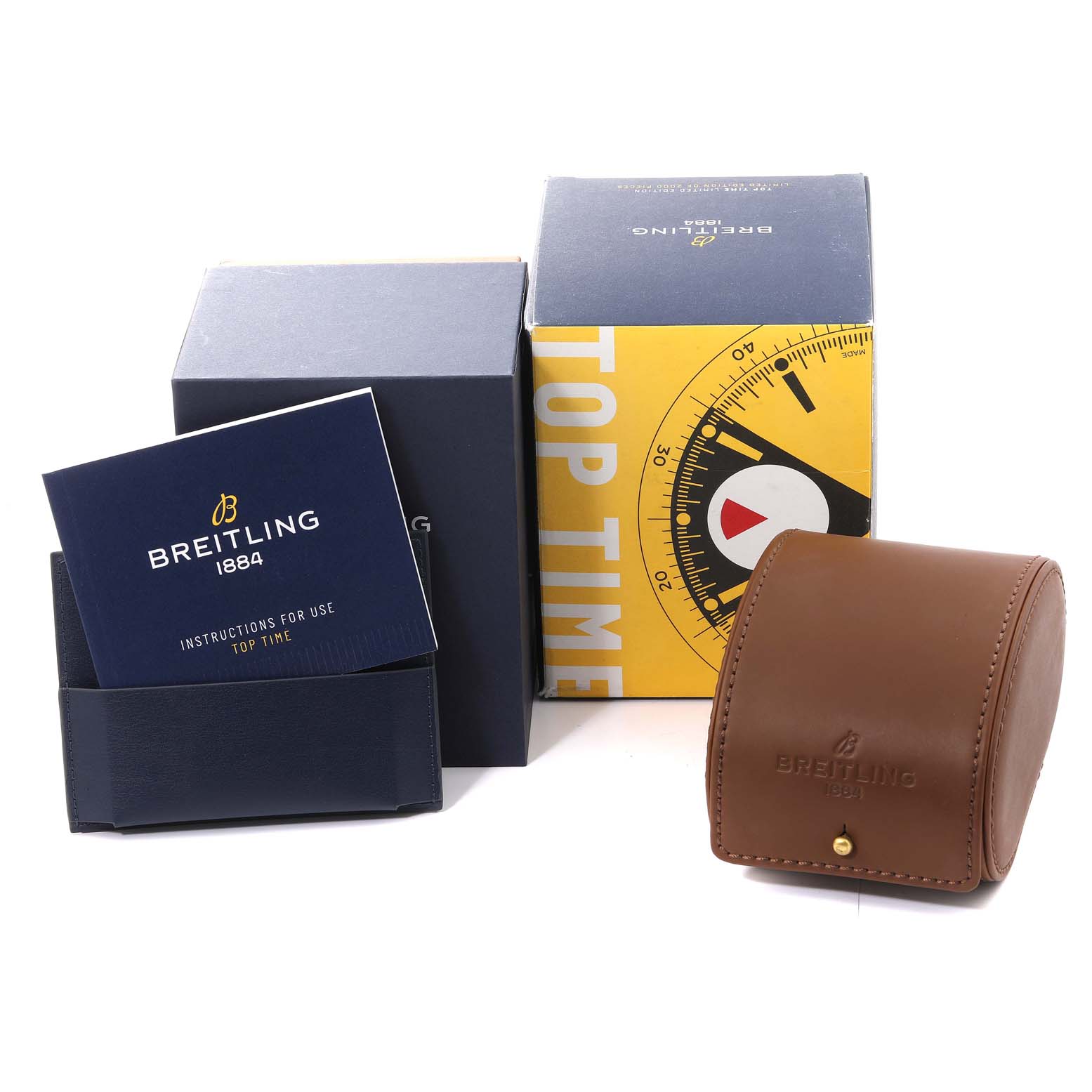 The image shows accessories for the Breitling Premier A23310 Men's Stainless Steel White Dial A23310 Men's Stainless Steel White Dial model, including manuals, storage boxes, and a leather case from a front angle.