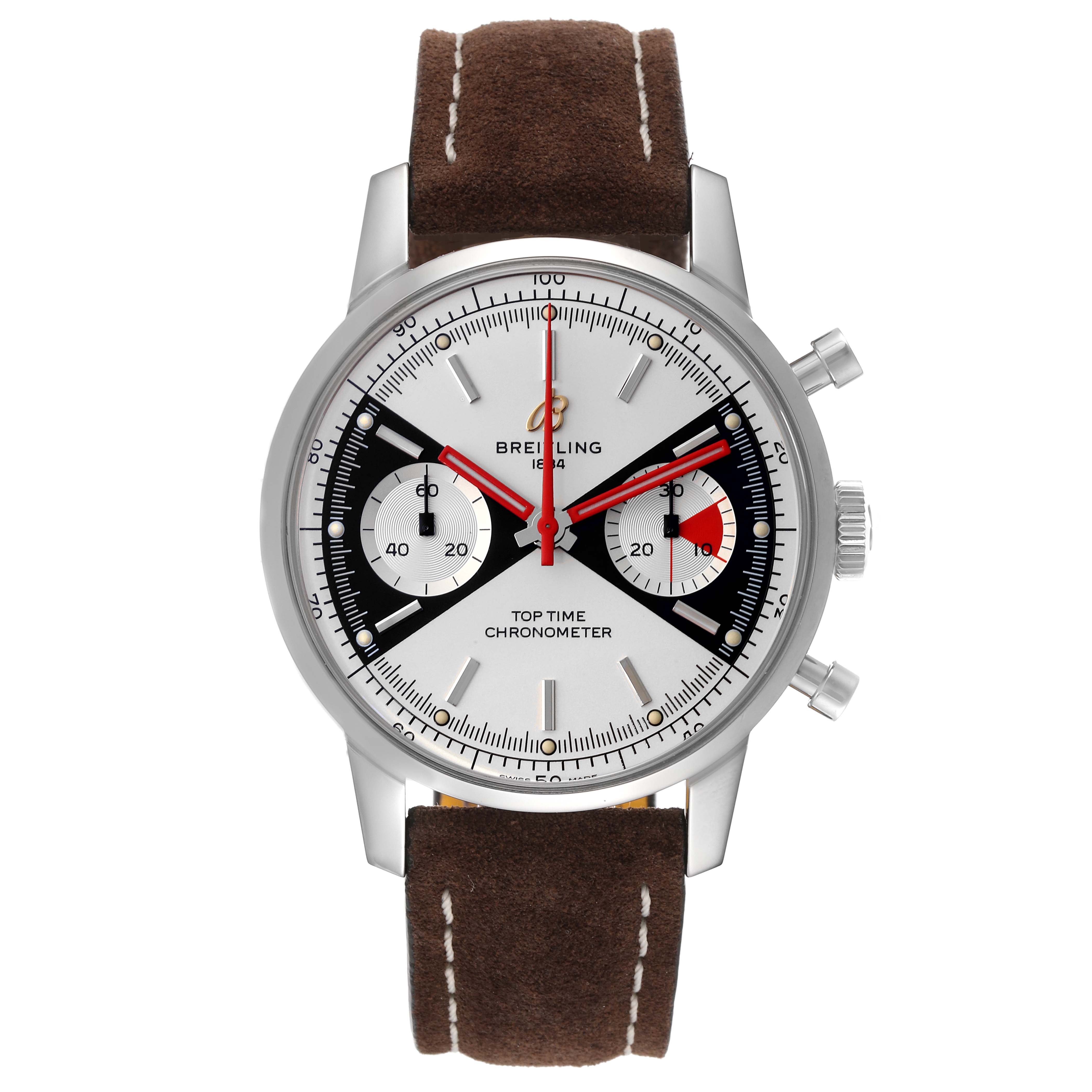 The Breitling Premier A23310 Men's Stainless Steel White Dial A23310 Men's Stainless Steel White Dial watch is shown from the front, displaying its face, chronograph subdials, and brown leather strap.