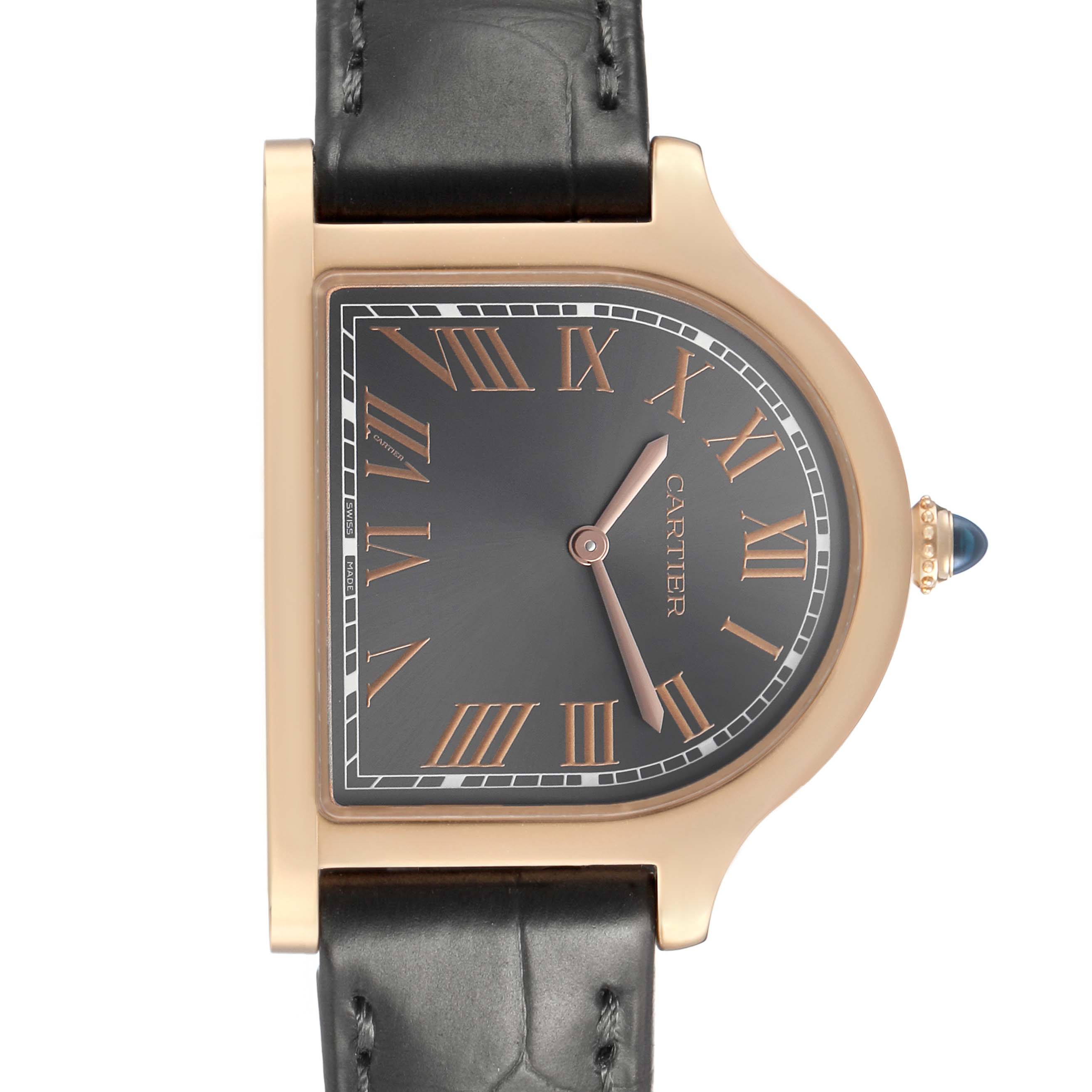 The Cartier Cloche WGCC0003 Men's Rose Gold Grey Dial watch is shown from a front angle, highlighting the unique dial shape and black leather strap.