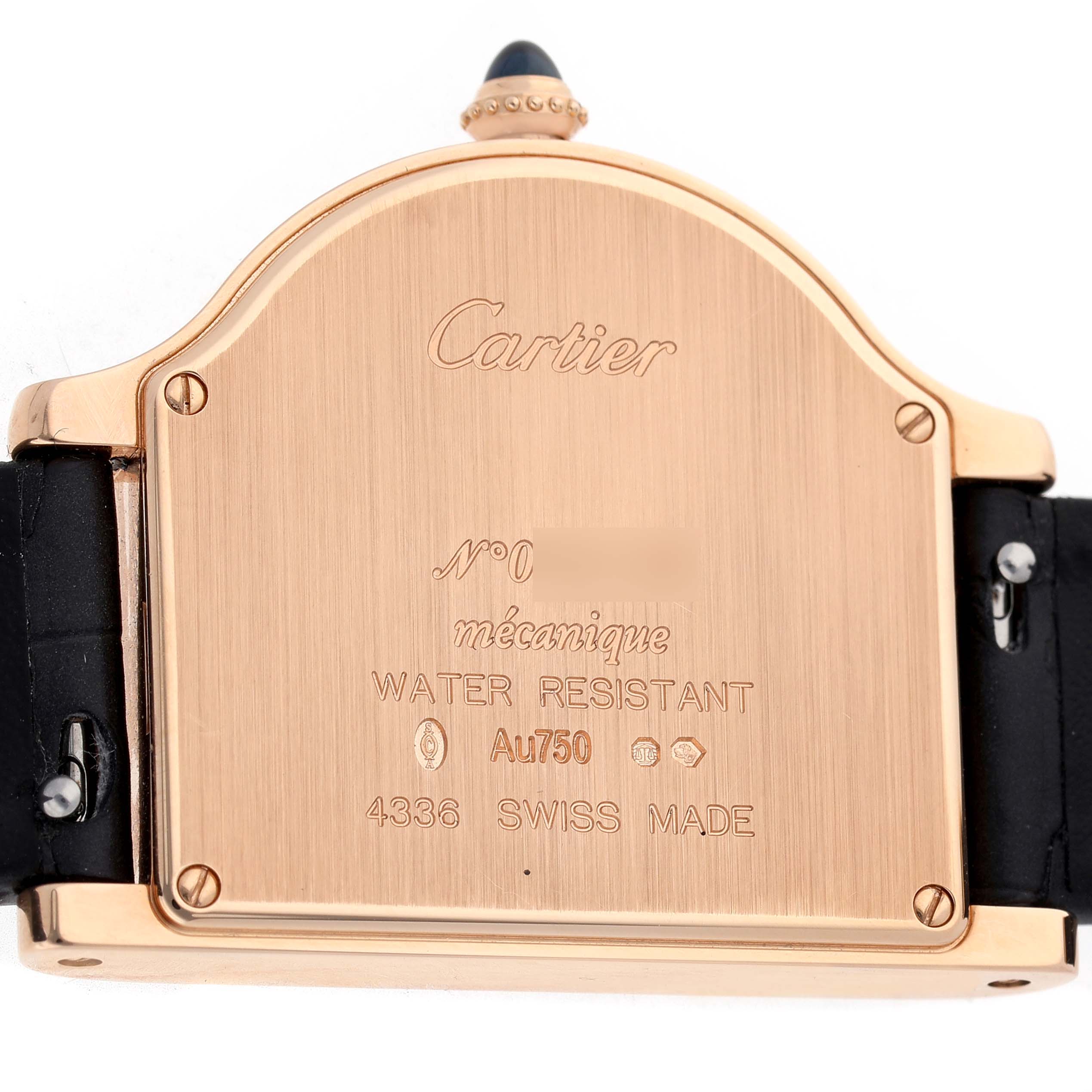 The image shows the back of a Cartier Cloche WGCC0003 Men's Rose Gold Grey Dial watch, highlighting engravings and the strap attachments.