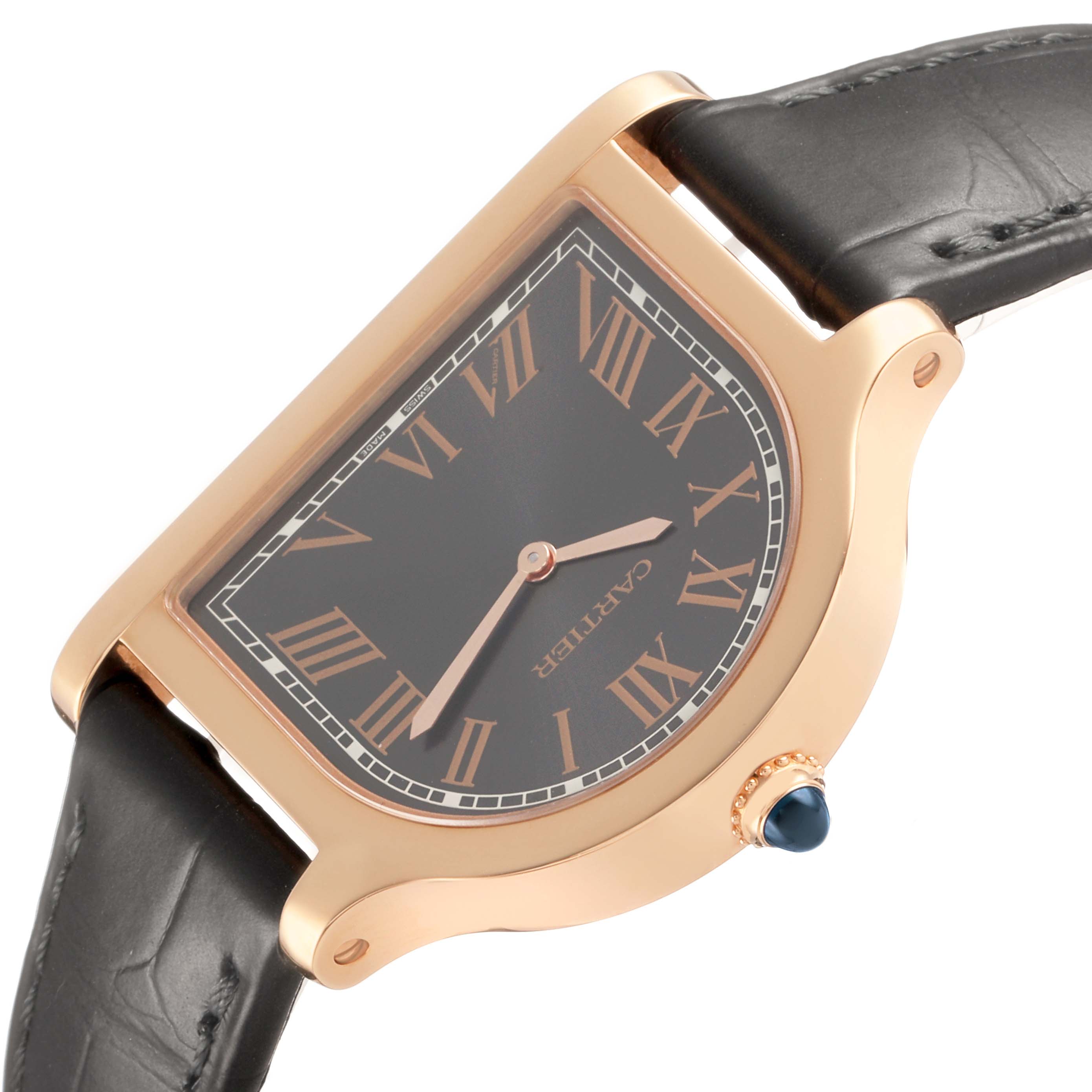 The Cartier Cloche WGCC0003 Men's Rose Gold Grey Dial watch is shown at an angle highlighting its face, crown, and part of the leather strap.